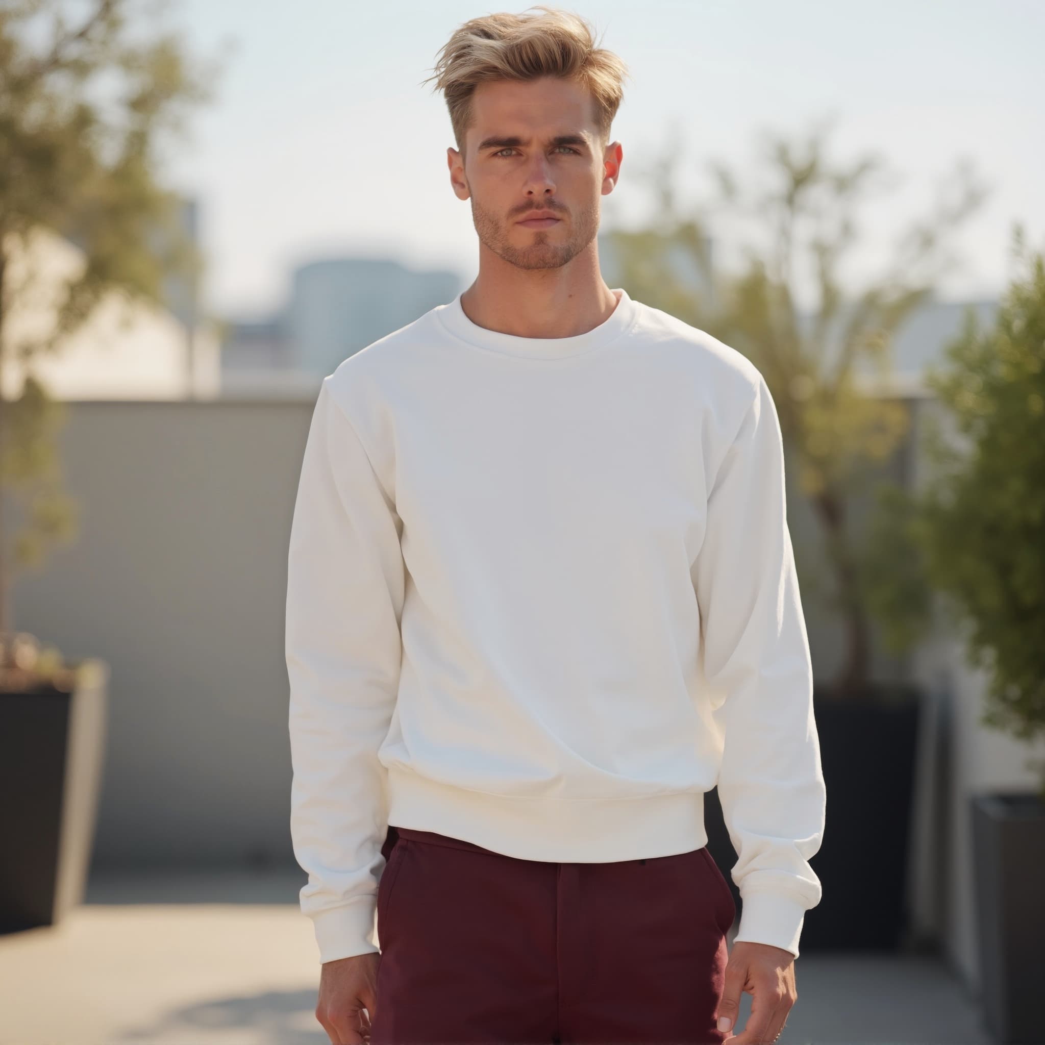 Long sleeve sweatshirt mockup a man stands with arms at sides in an outdoor setting