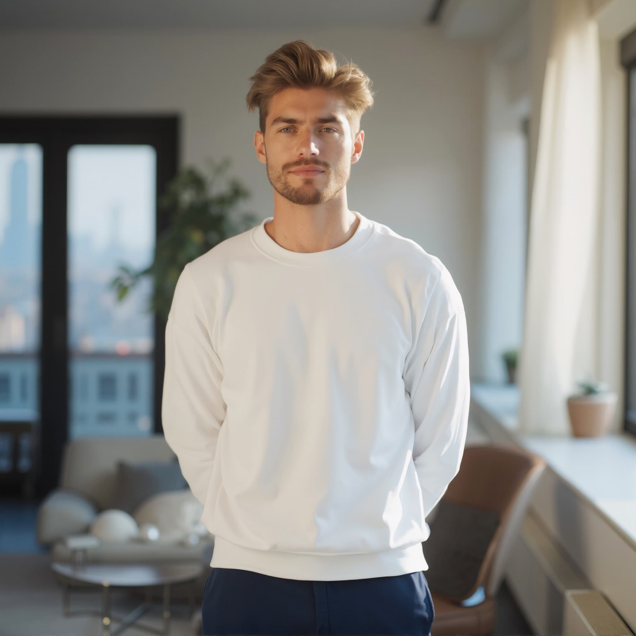 Long sleeve sweatshirt mockup a man stands with arms behind back in a living roo