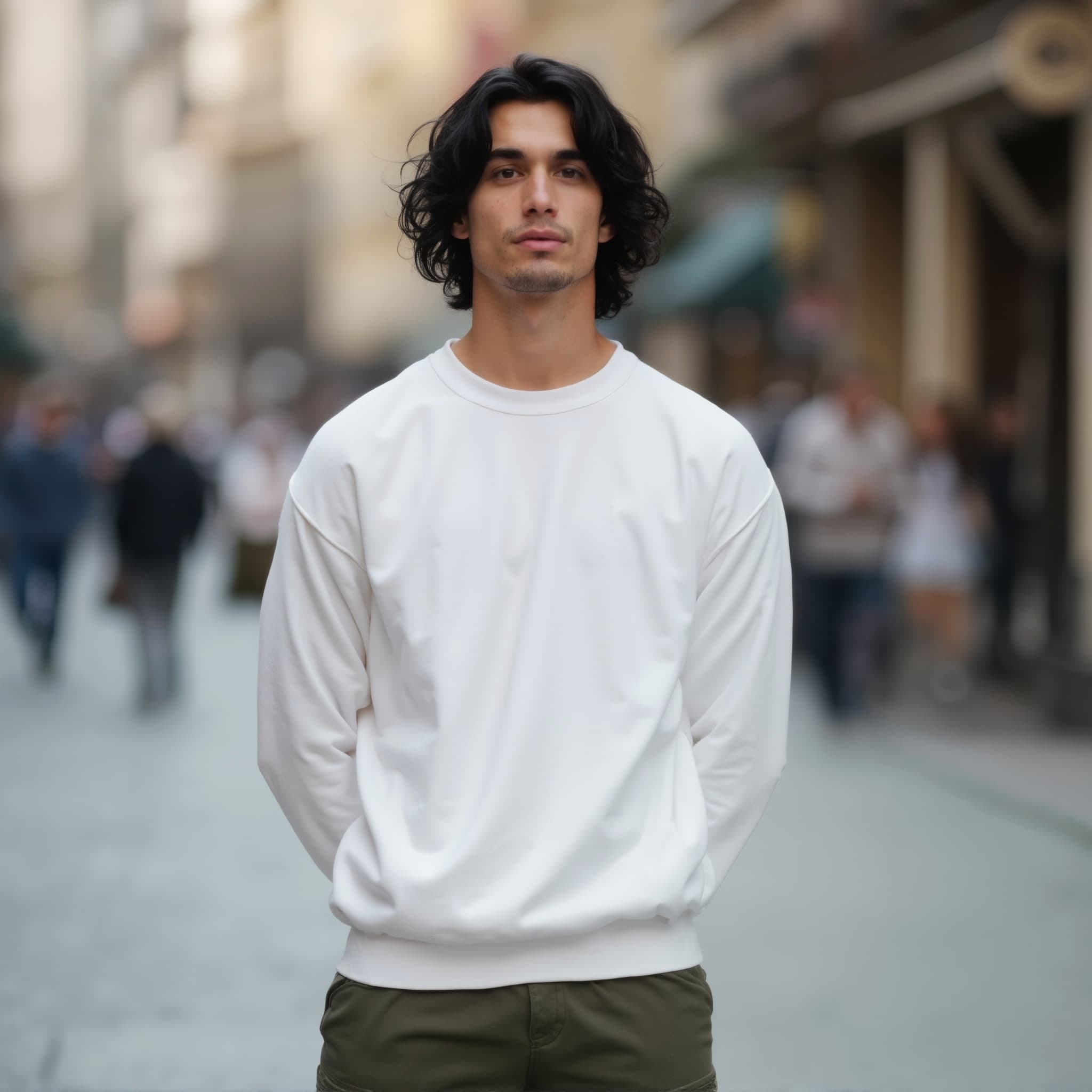 Long sleeve sweatshirt mockup a man stands with arms behind back on a street