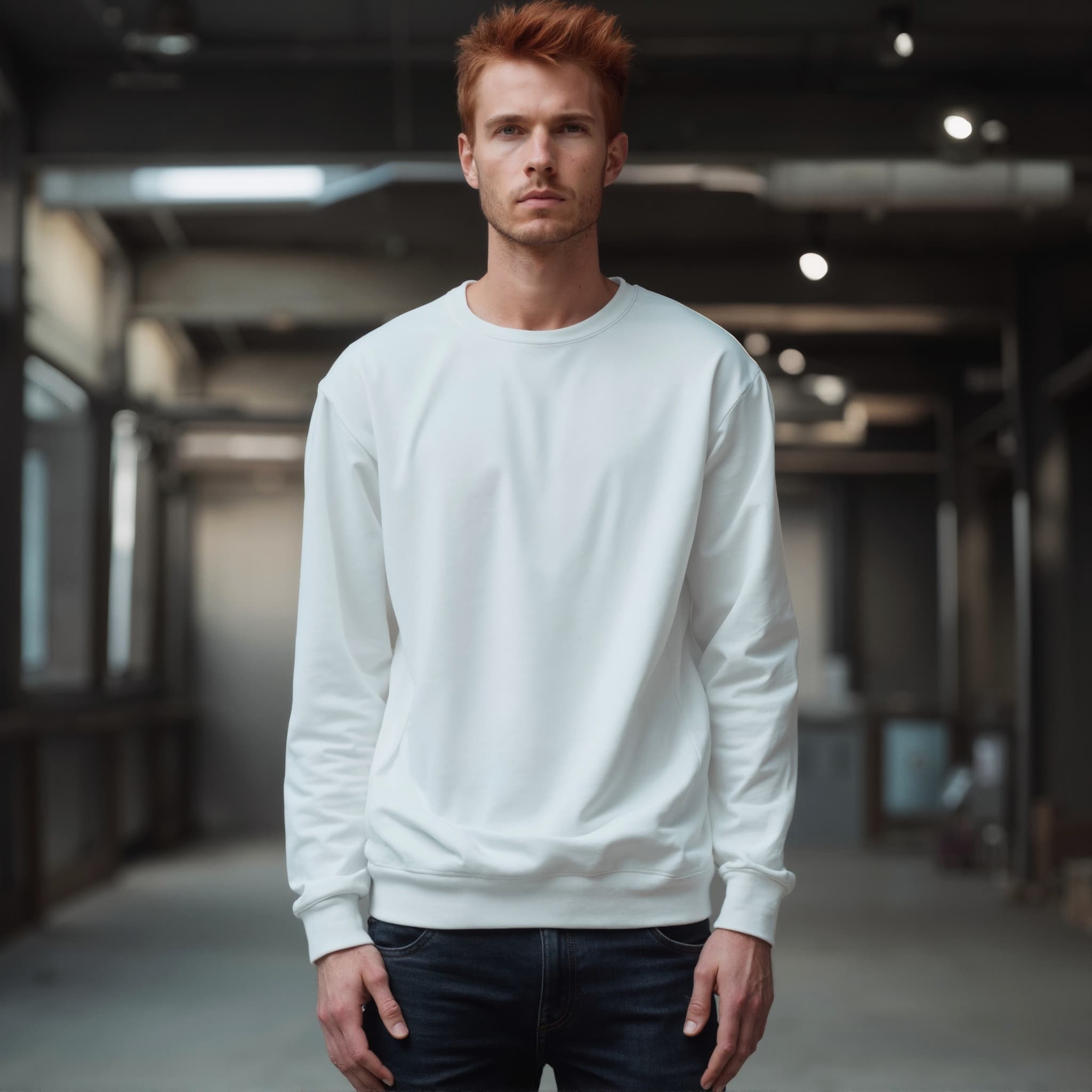 Long sleeve sweatshirt mockup a man stands with arms relaxed in a hallway