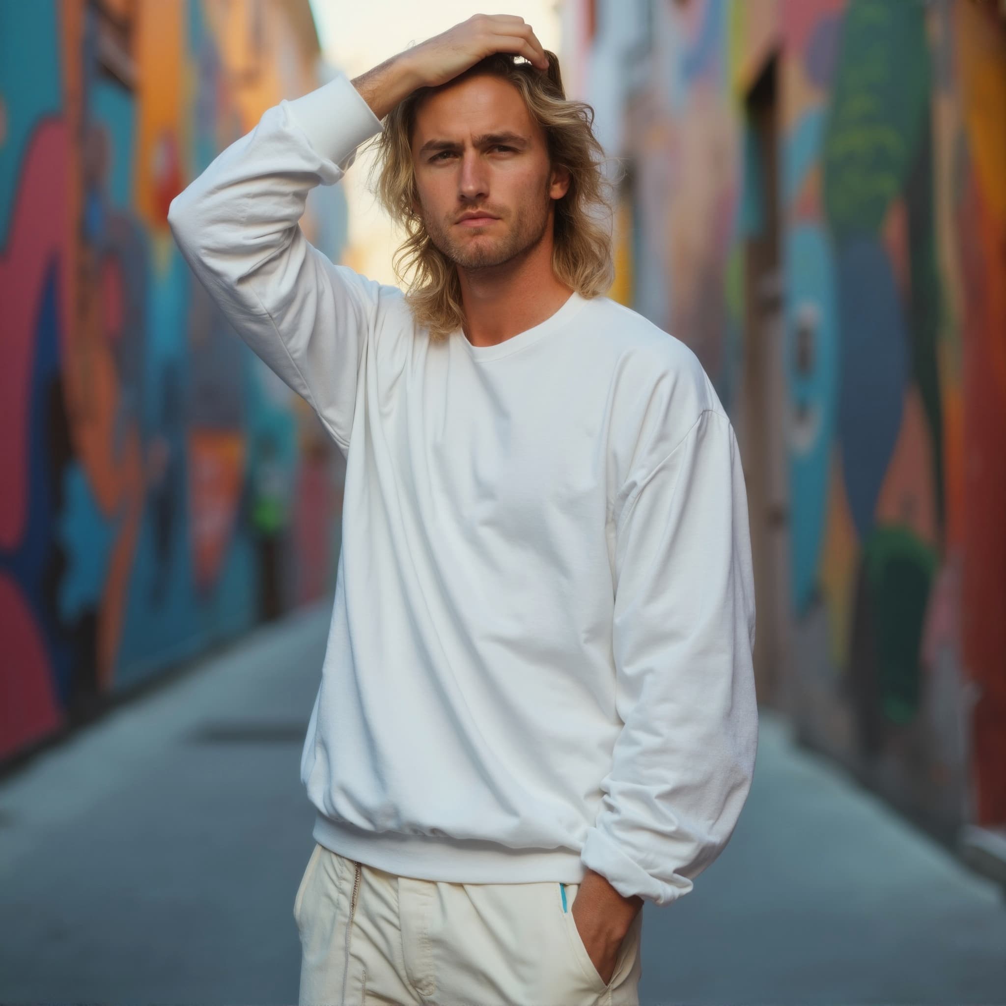 Long sleeve sweatshirt mockup a man stands with hand in hair in an alley
