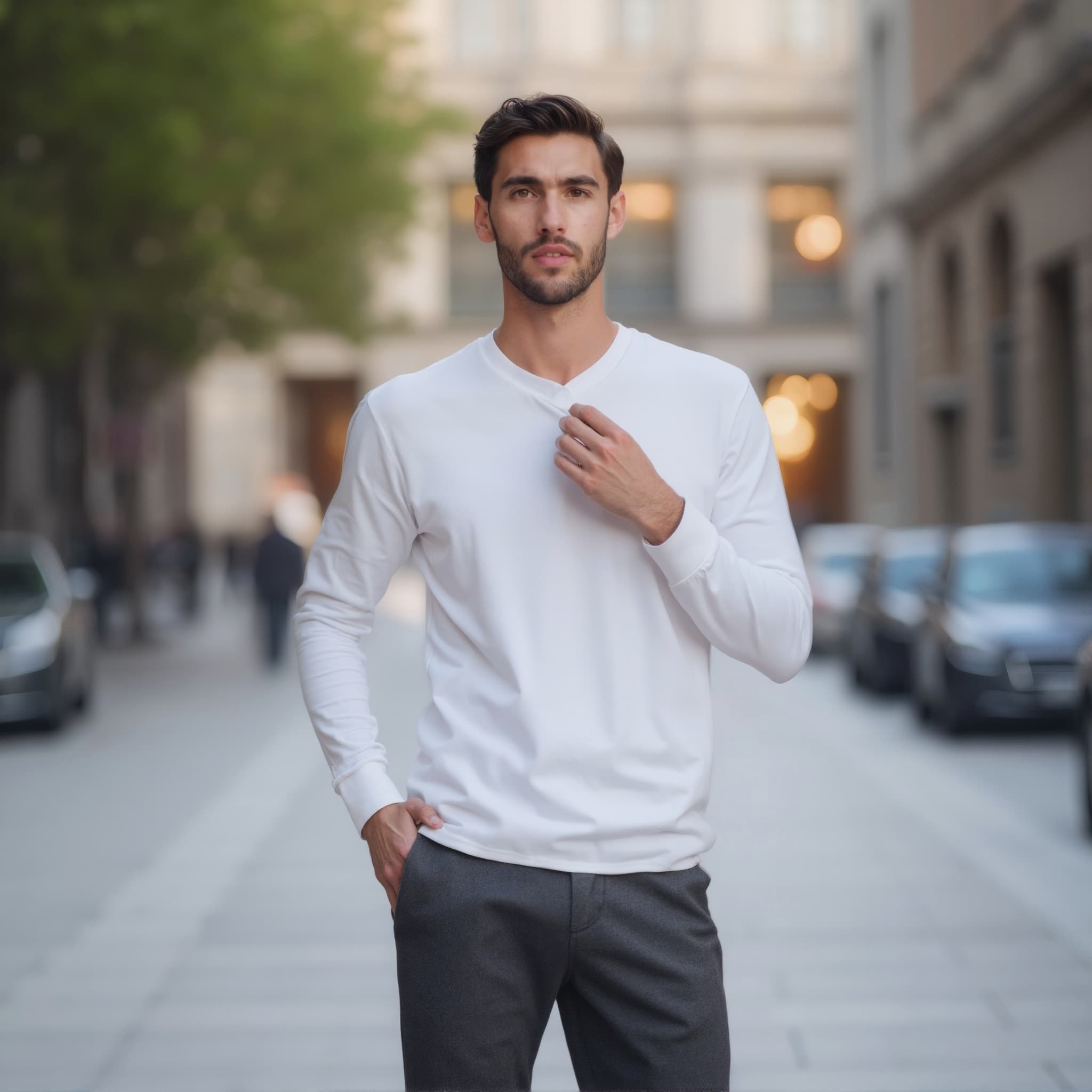 Long sleeve tee mockup a man adjusts his collar on a street