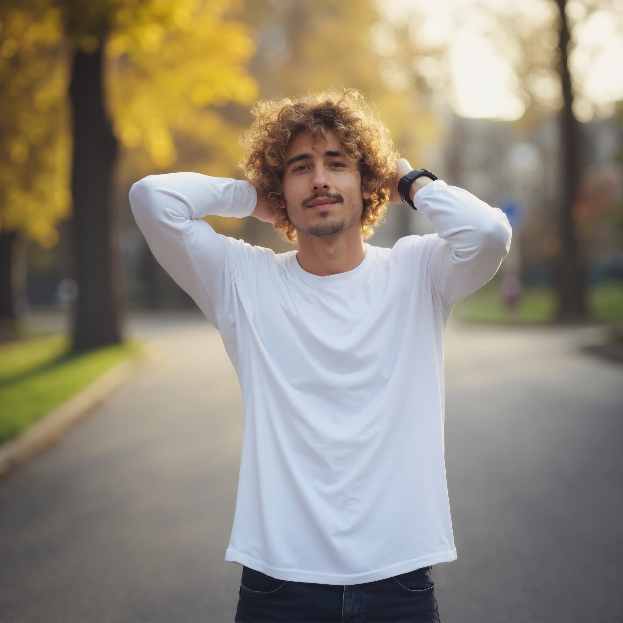 Long sleeve tee mockup a man holds his hair outdoors autumn