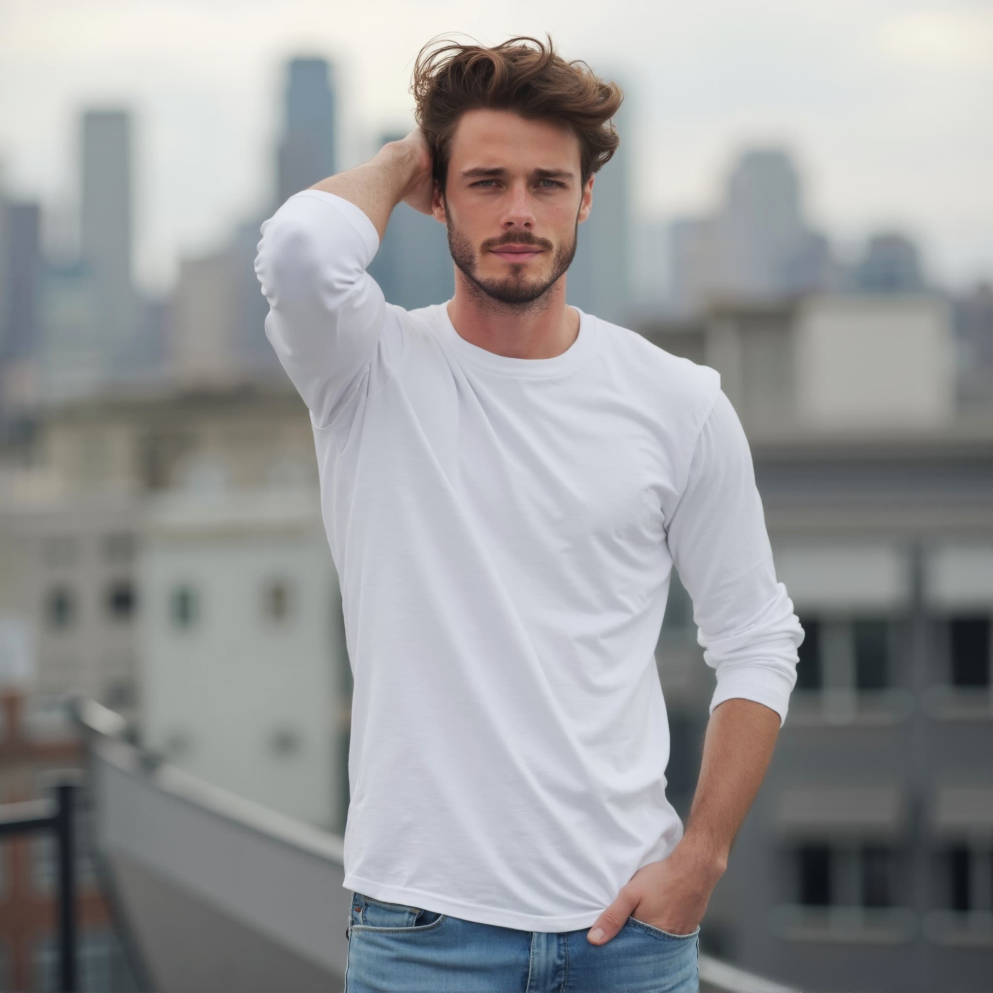 Long sleeve tee mockup a man poses with one hand on his head rooftop scene