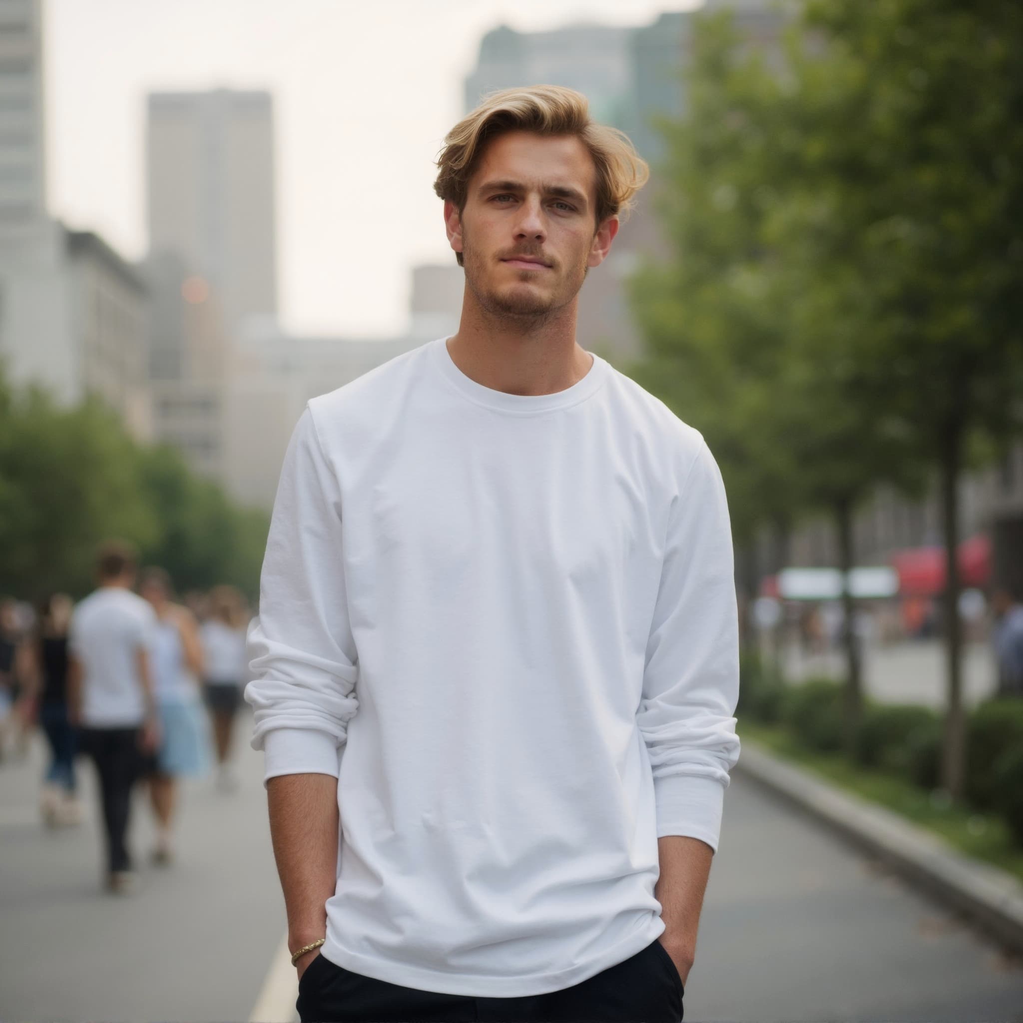 Long sleeve tee mockup a man stands with hands in pockets urban setting