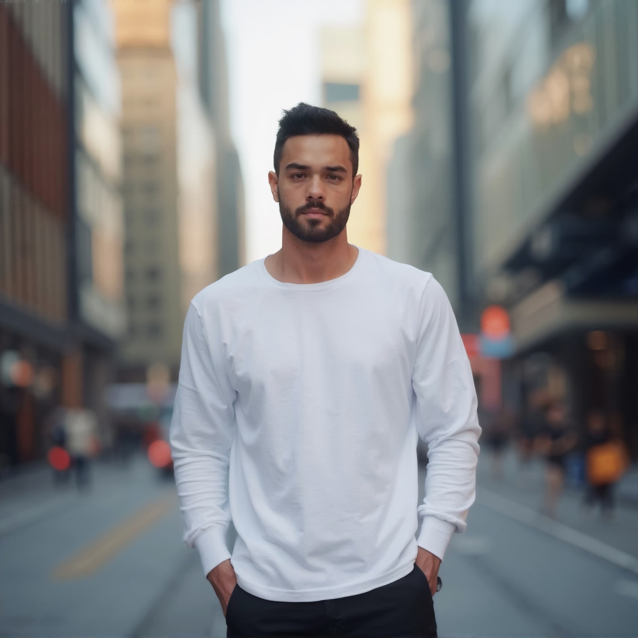Long sleeve tee mockup a man stands with hands in pockets urban street 01