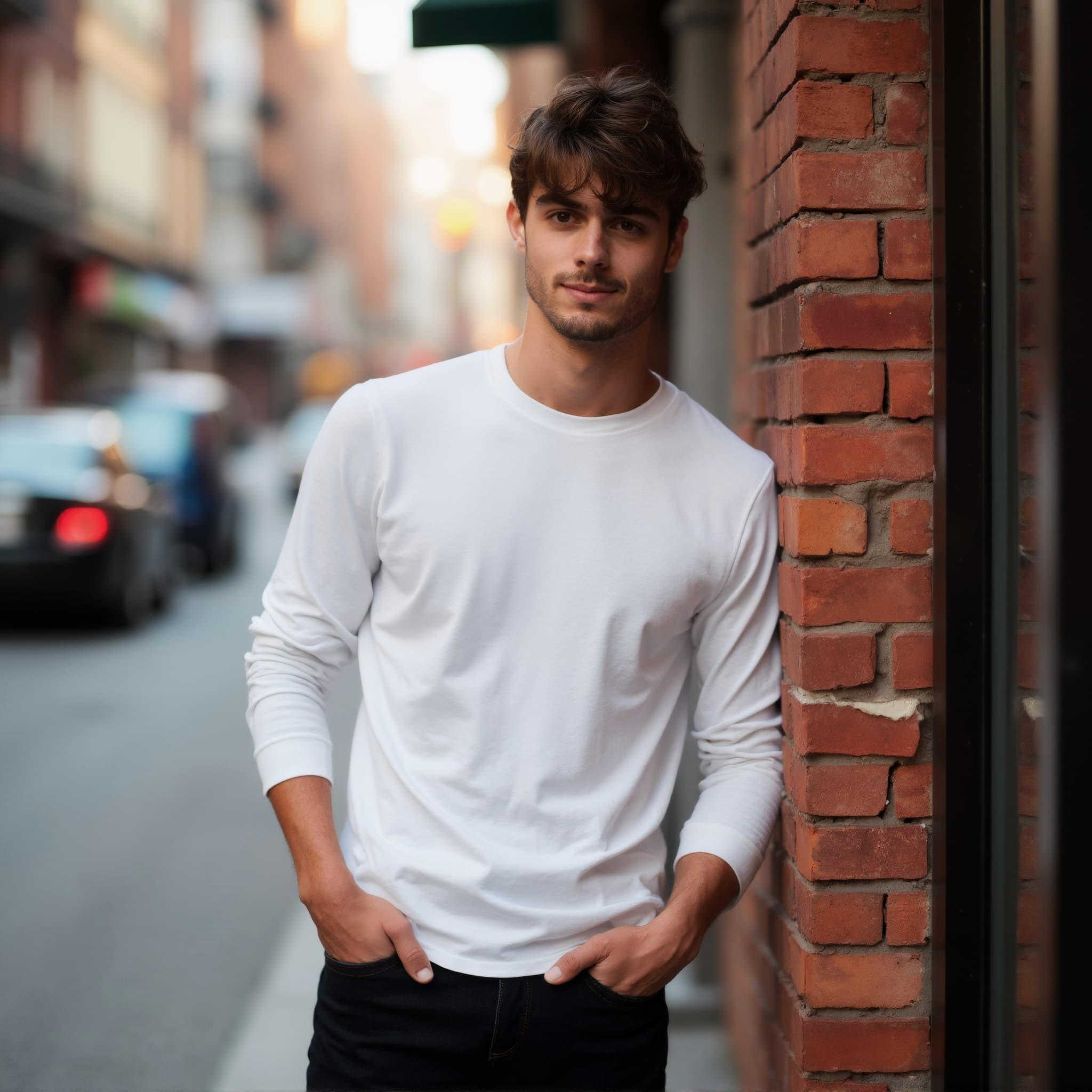 Long sleeve tee mockup a man stands with hands in pockets urban street 1