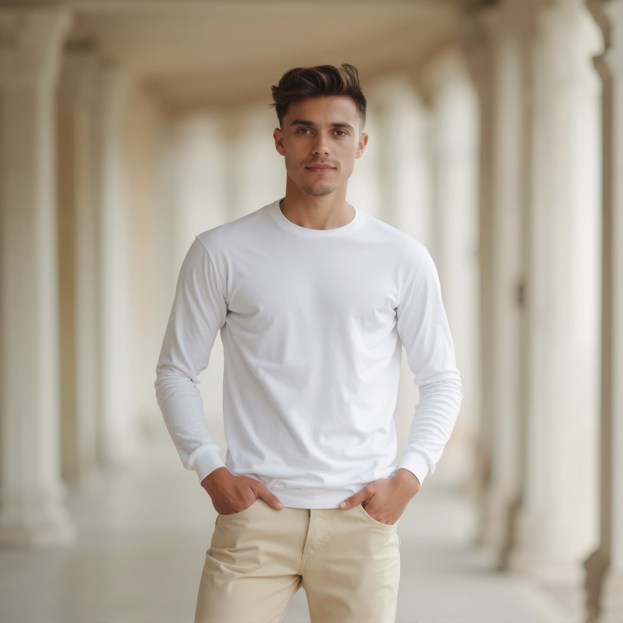 Long sleeve tee mockup a man stands with hands on hips in a corridor