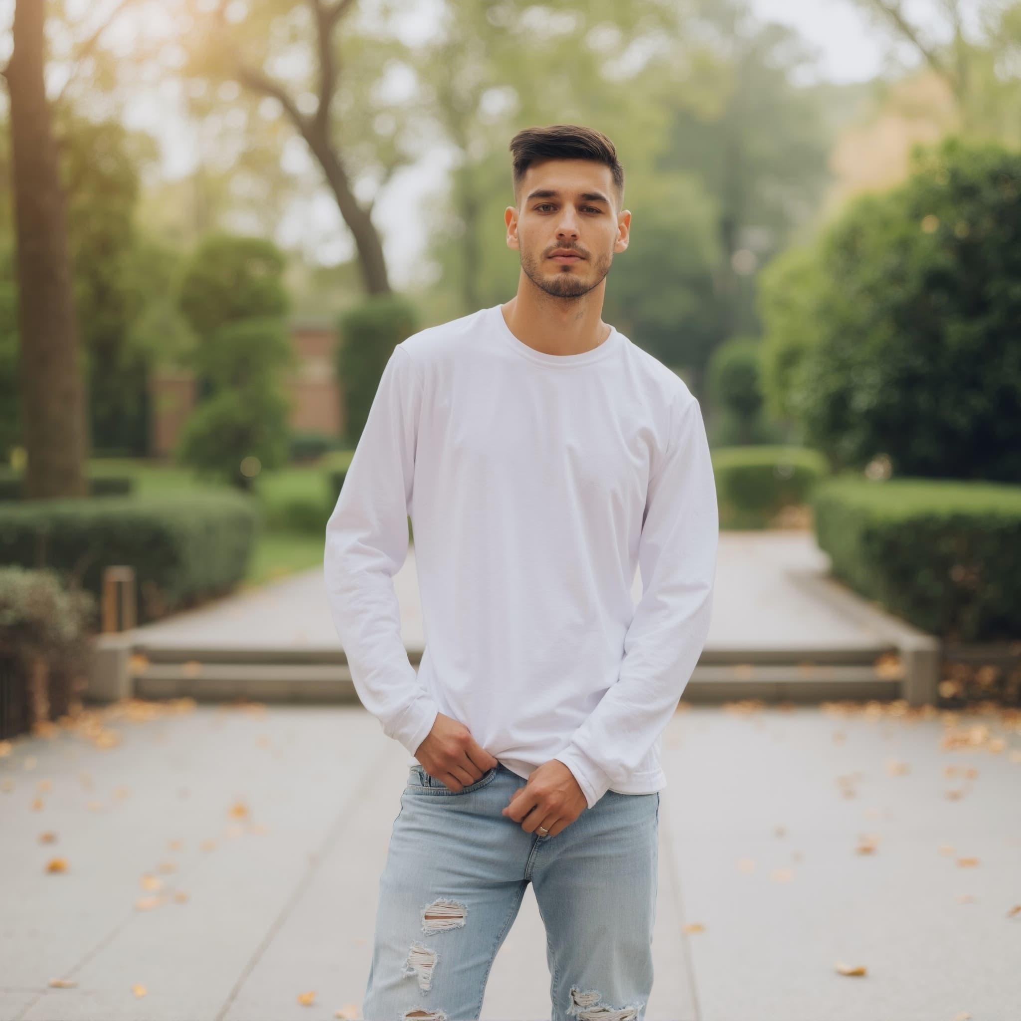 Long sleeve tee mockup a man stands with hands on hips in a park