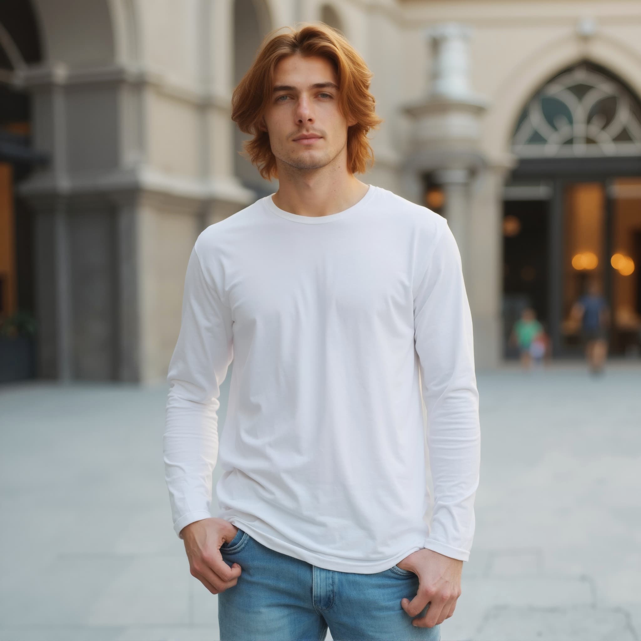 Long sleeve tee mockup a man stands with hands on hips in a plaza