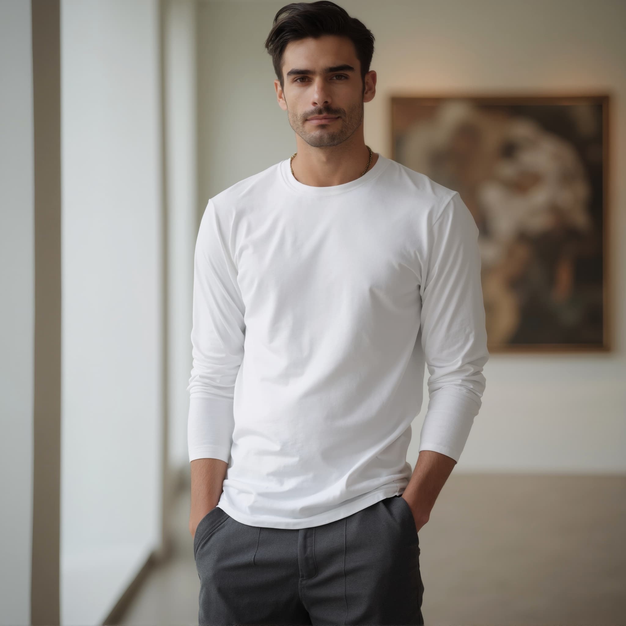Long sleeve tee mockup a man stands with his hands in pockets and in a gallery