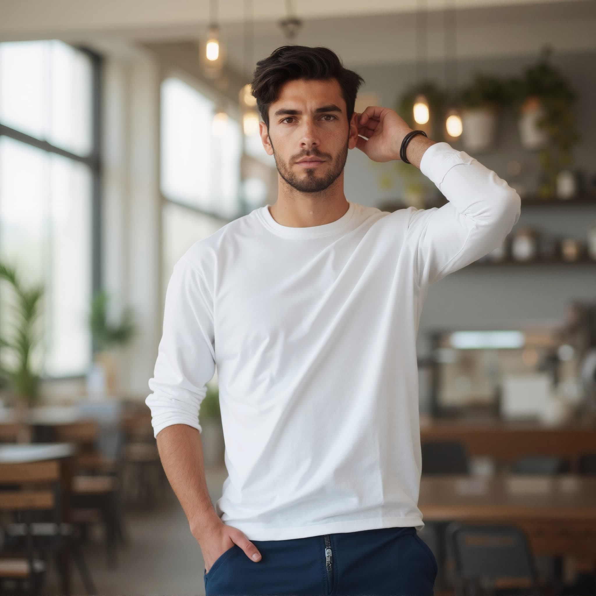 Long sleeve tee mockup a man stands with one hand behind ear and short hair in a café
