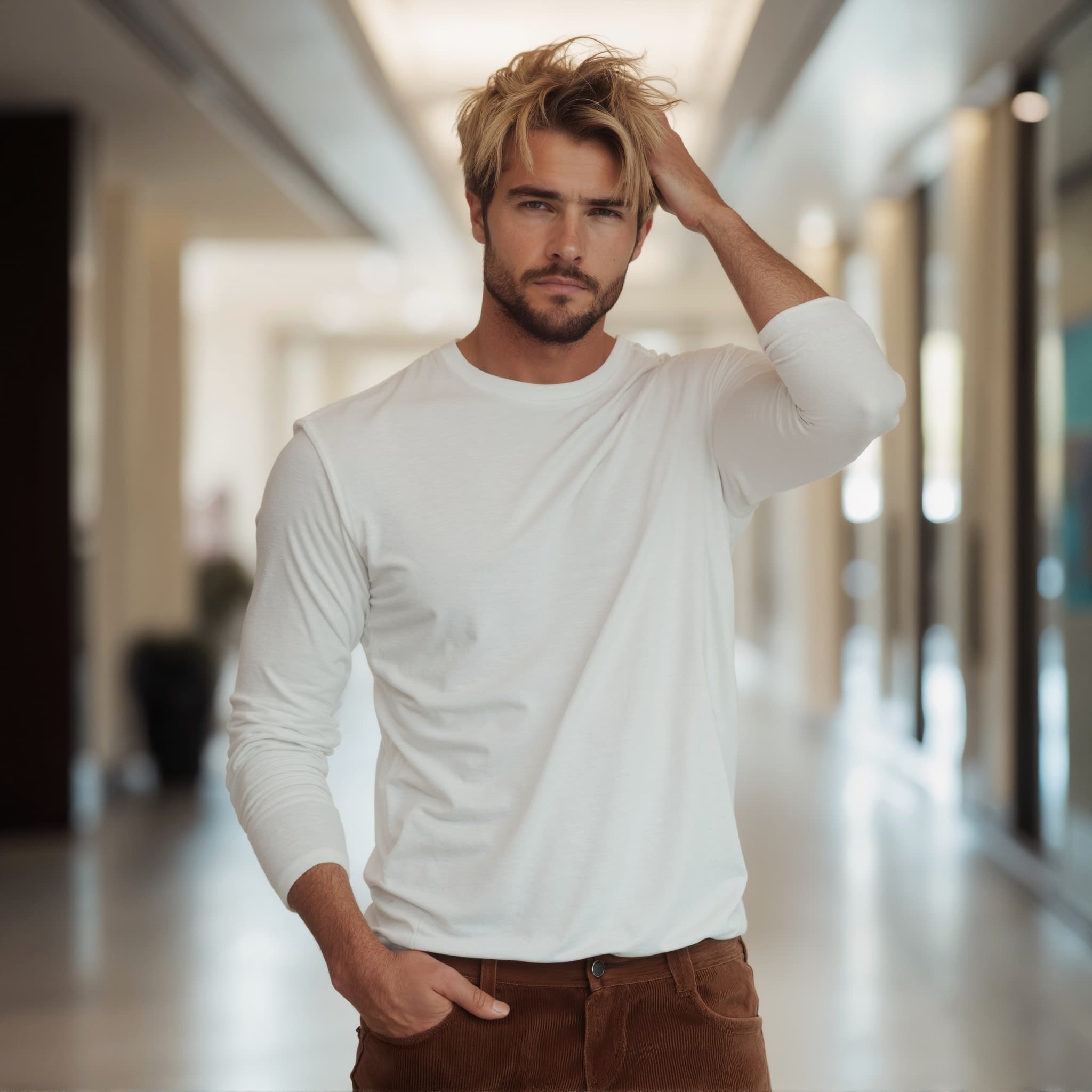Long sleeve tee mockup a man runs fingers through his hair in a hallway