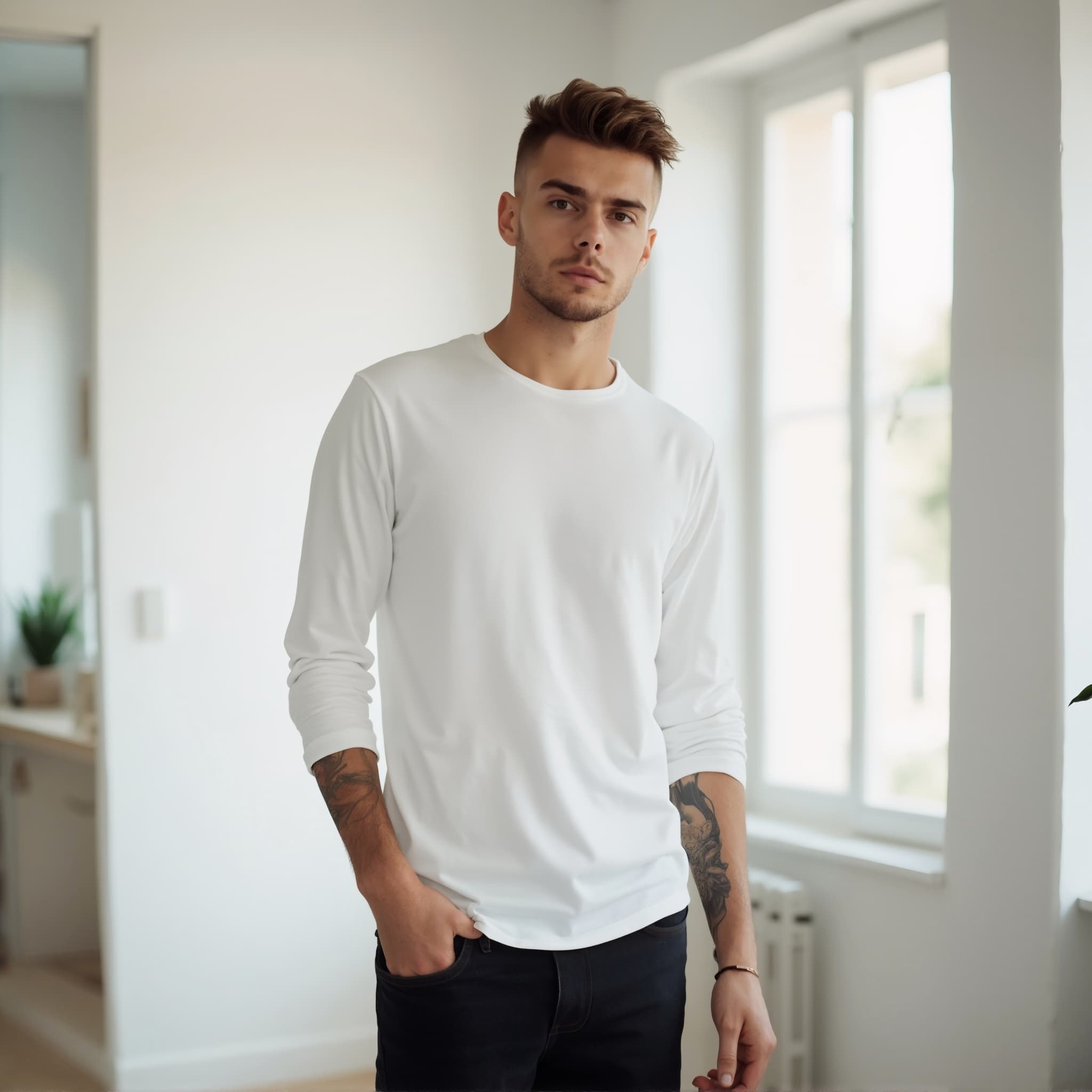 Long sleeve tee mockup a man stands with one hand in pocket at home