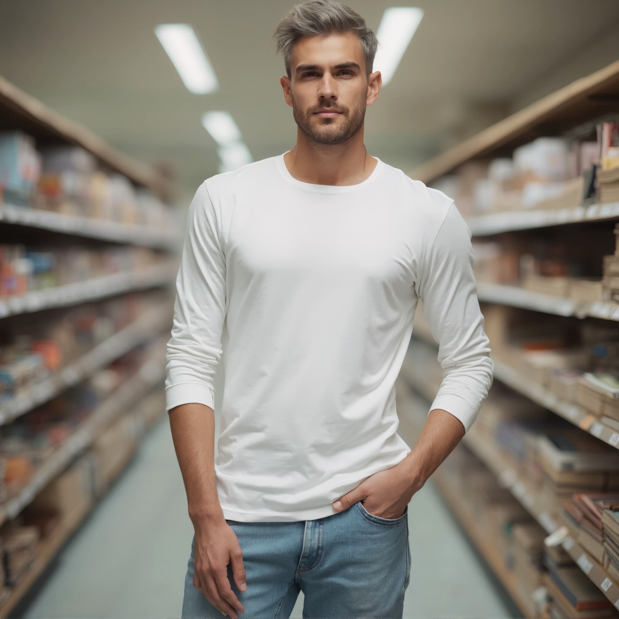 Long sleeve tee mockup a man stands with one hand in pocket in a stor