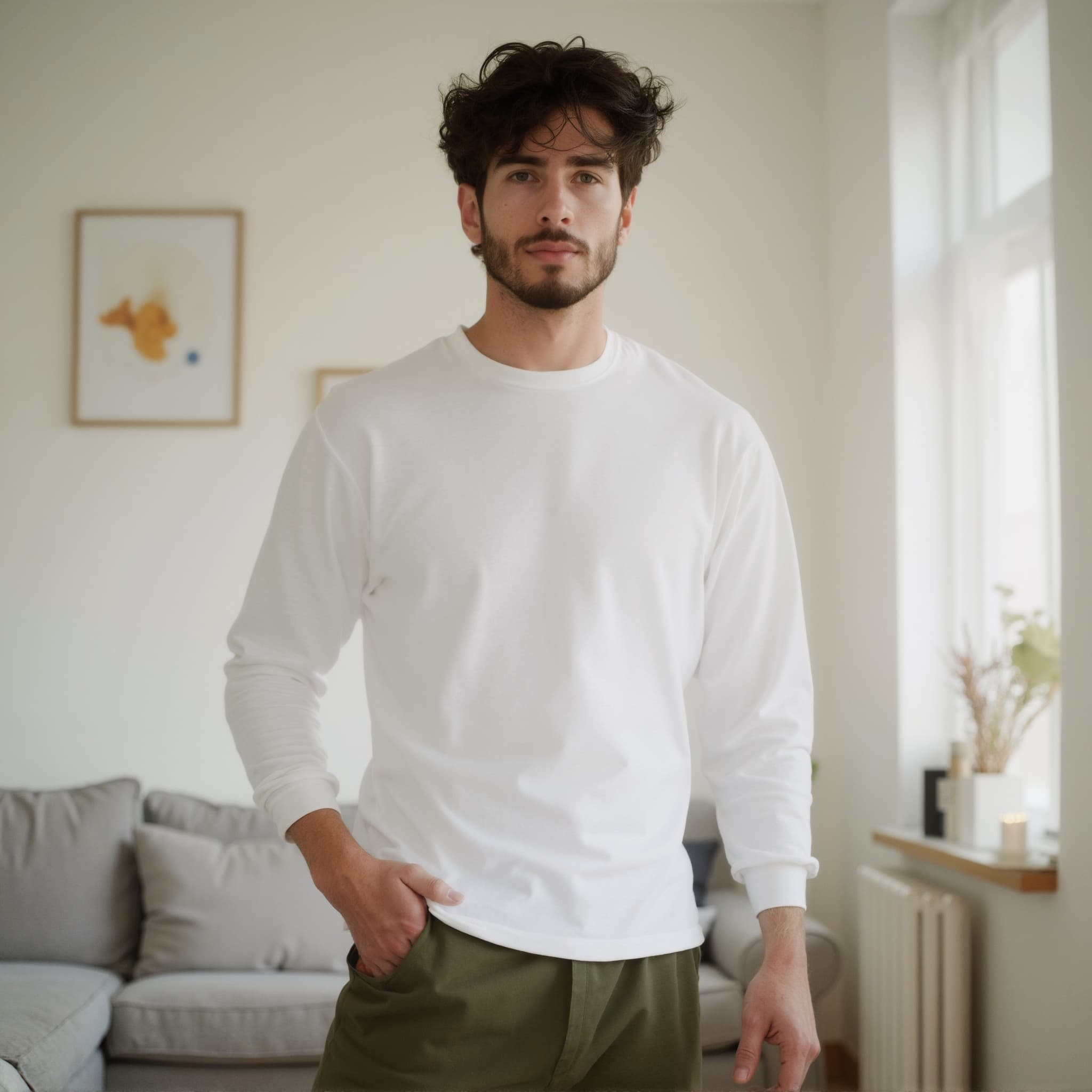 Long sleeve tee mockup a man stands with one hand in pocket stylish hair cozy roo
