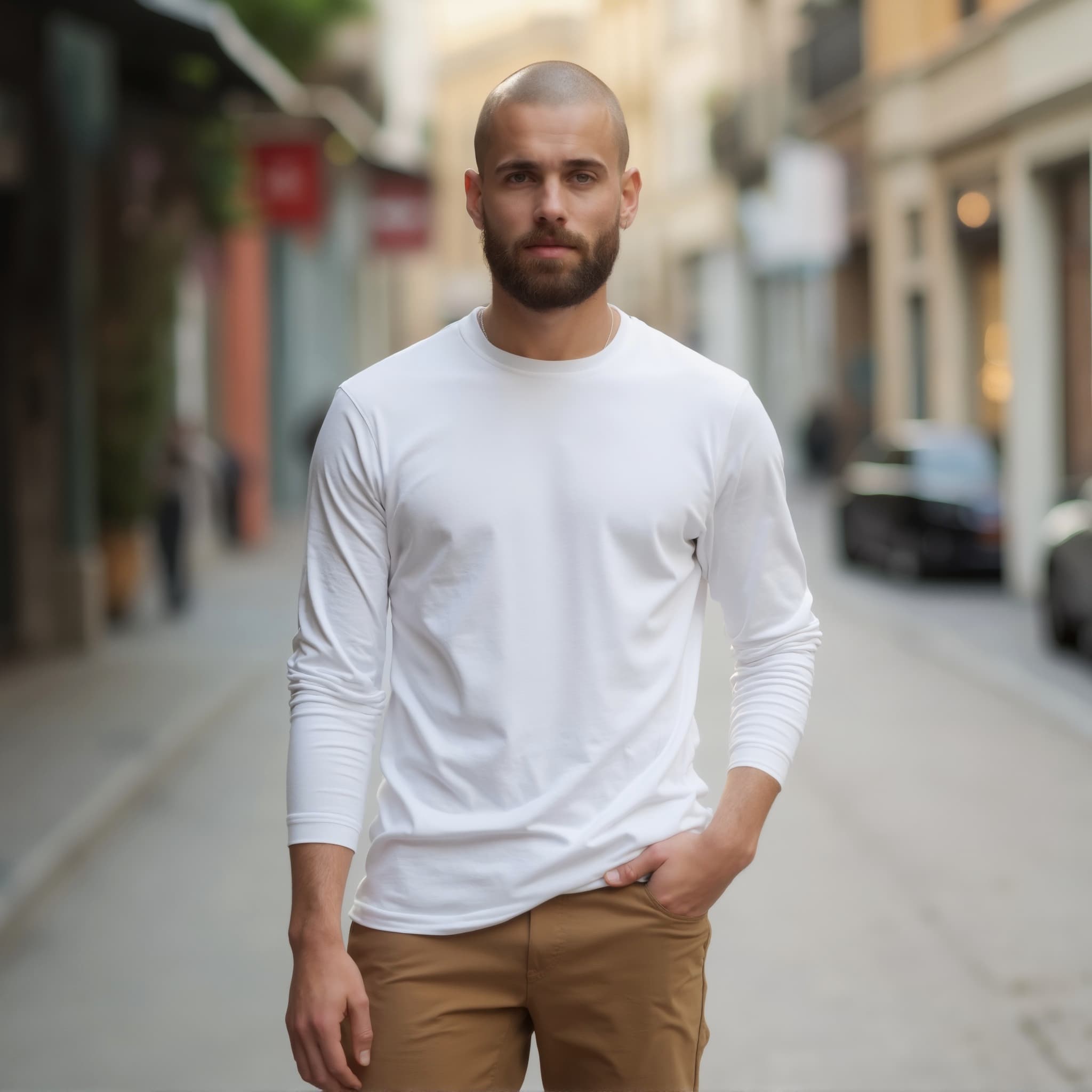 Long sleeve tee mockup a man stands with one hand in pocket urban street