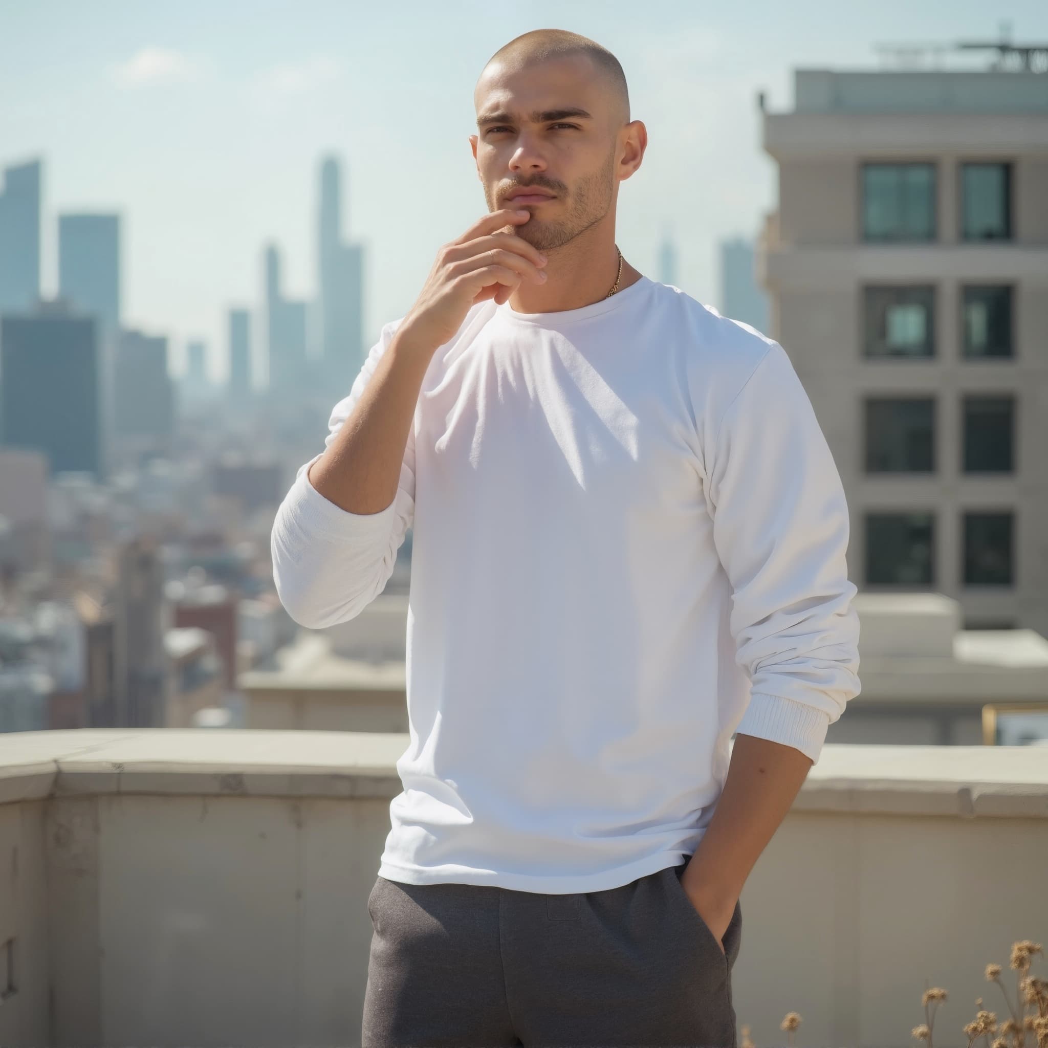 Long sleeve tee mockup a man thinks deeply with short hair on a rooftop