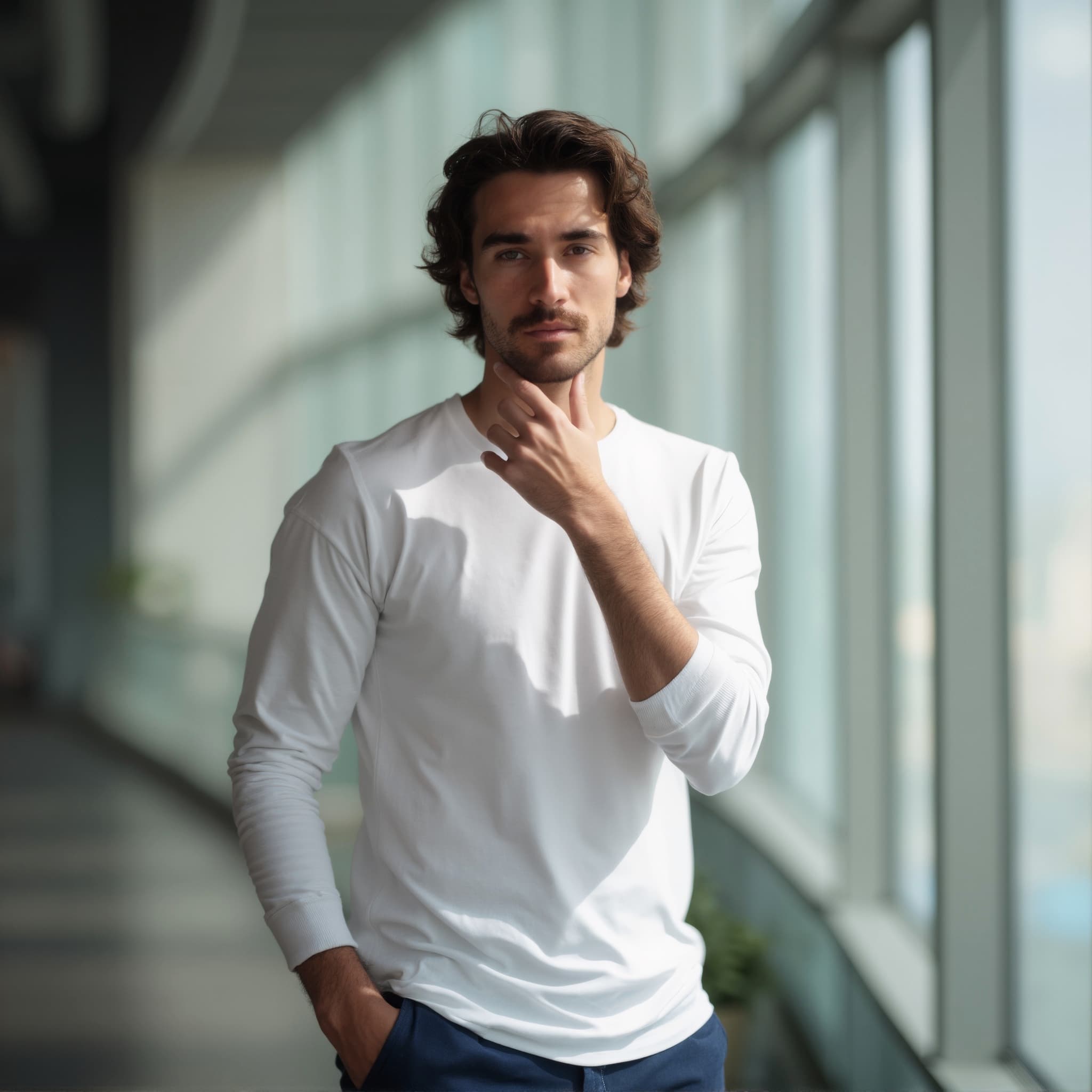 Long sleeve tee mockup a man touches his chin in a hallway
