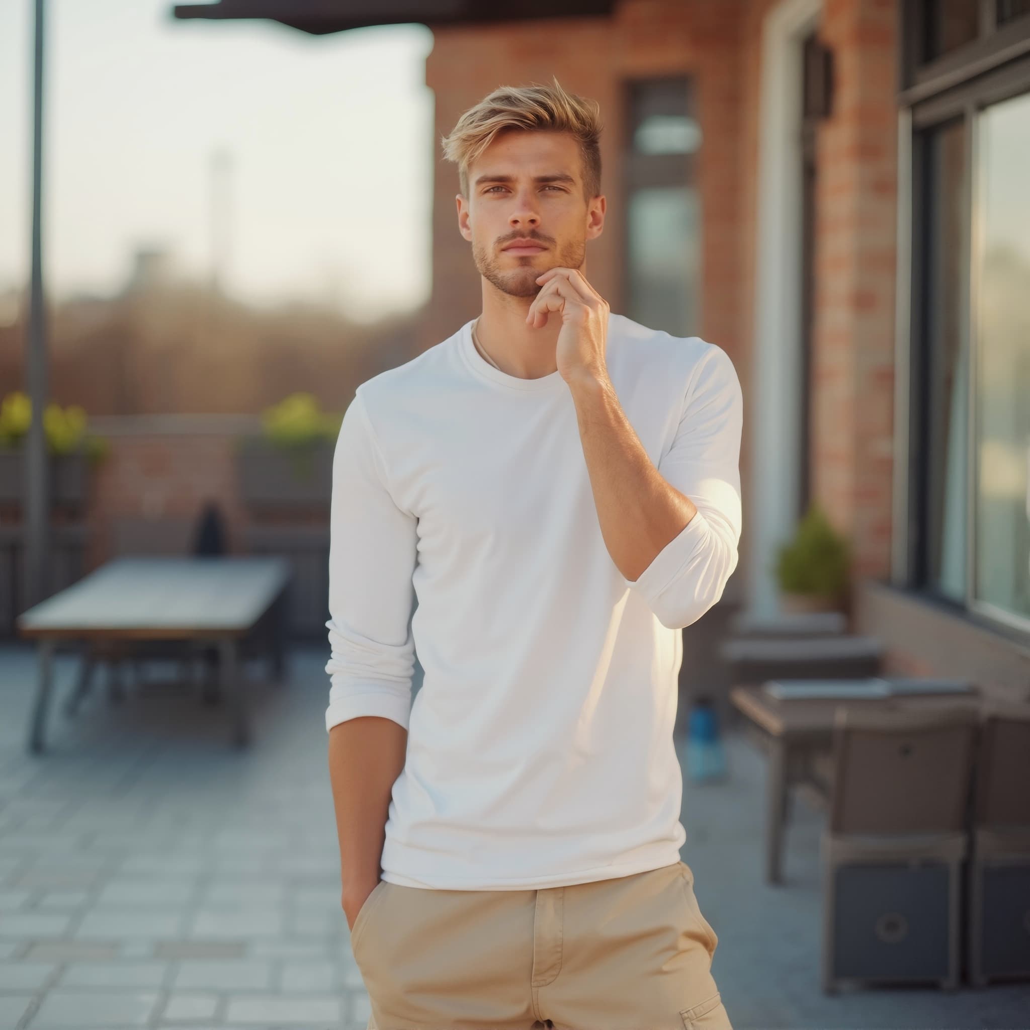 Long sleeve tee mockup a man touches his chin with one hand on a terrace