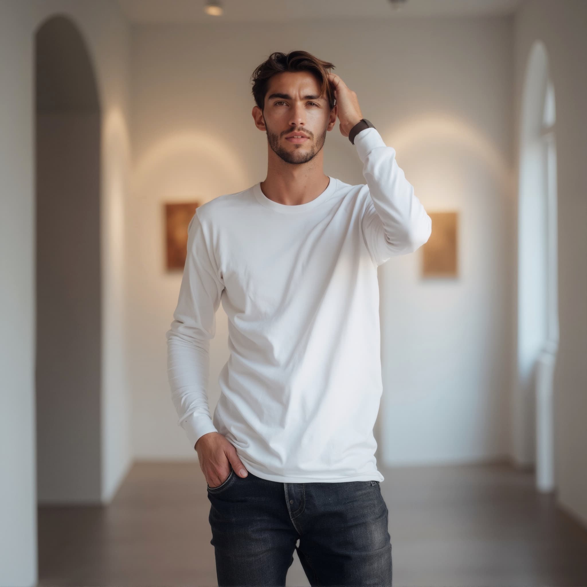 Long sleeve tee mockup a man touches his hair in a gallery