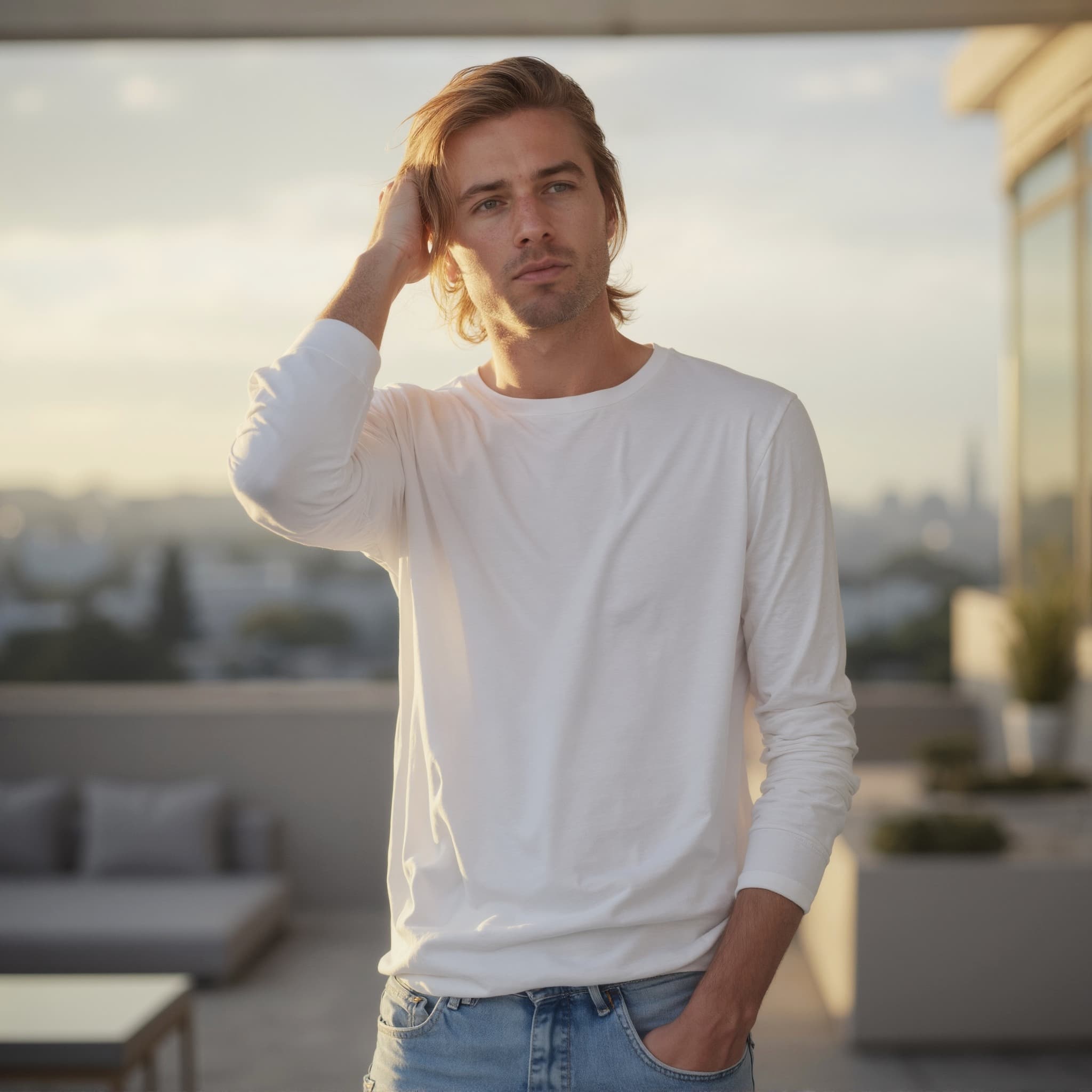 Long sleeve tee mockup a man runs his hand through hair rooftop view