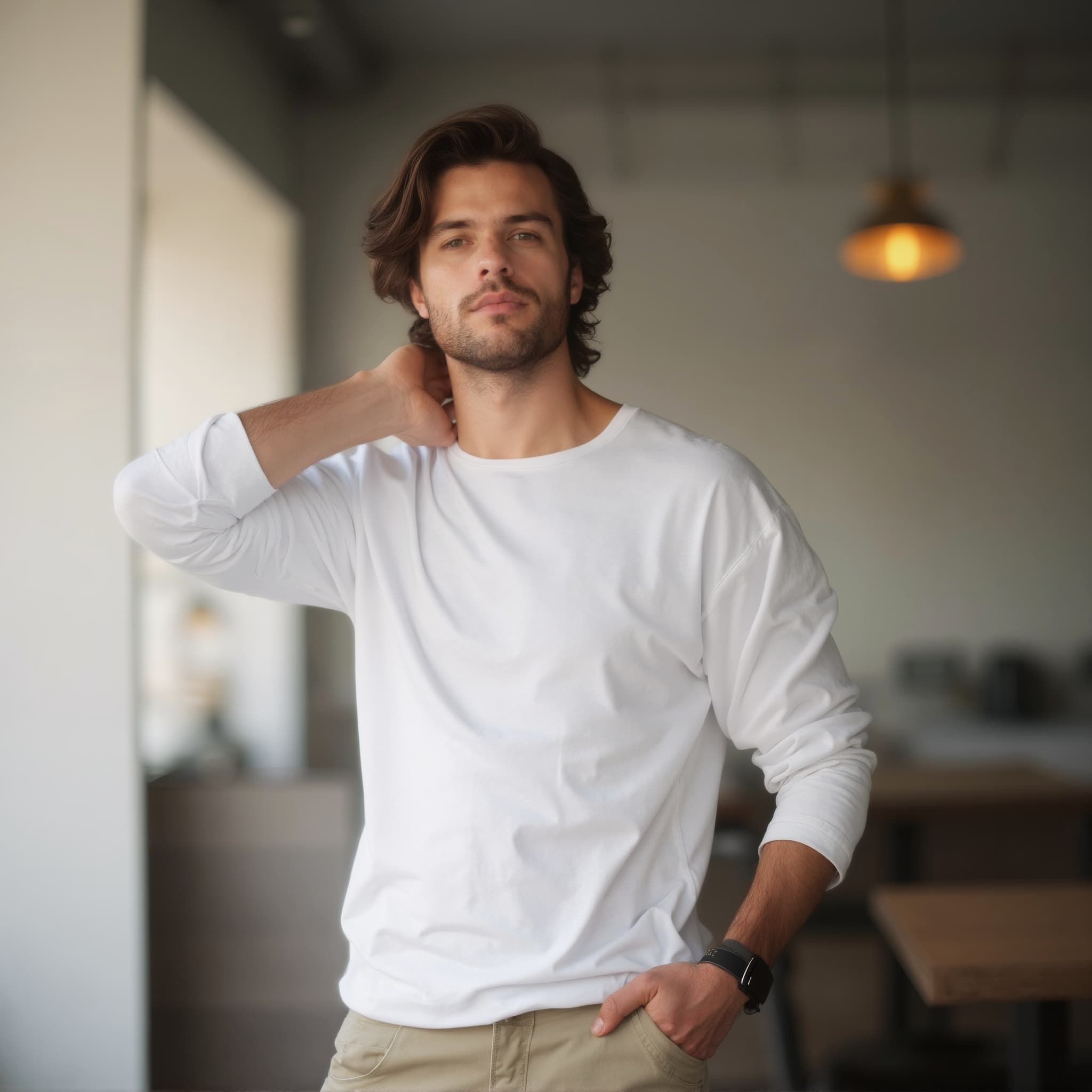 Long sleeve tee mockup a man touches his neck in a café