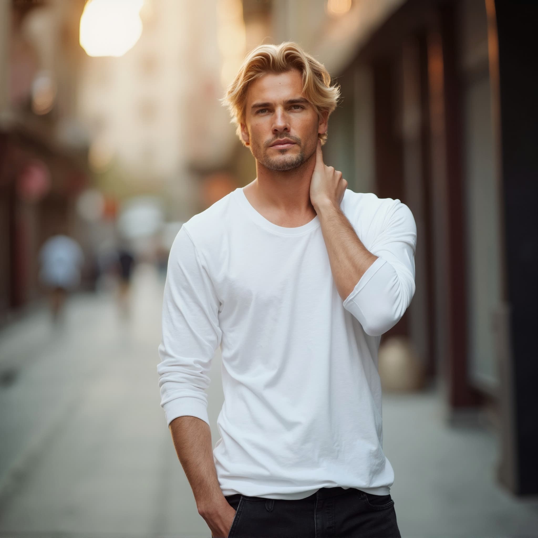 Long sleeve tee mockup a man touches his neck in a city street