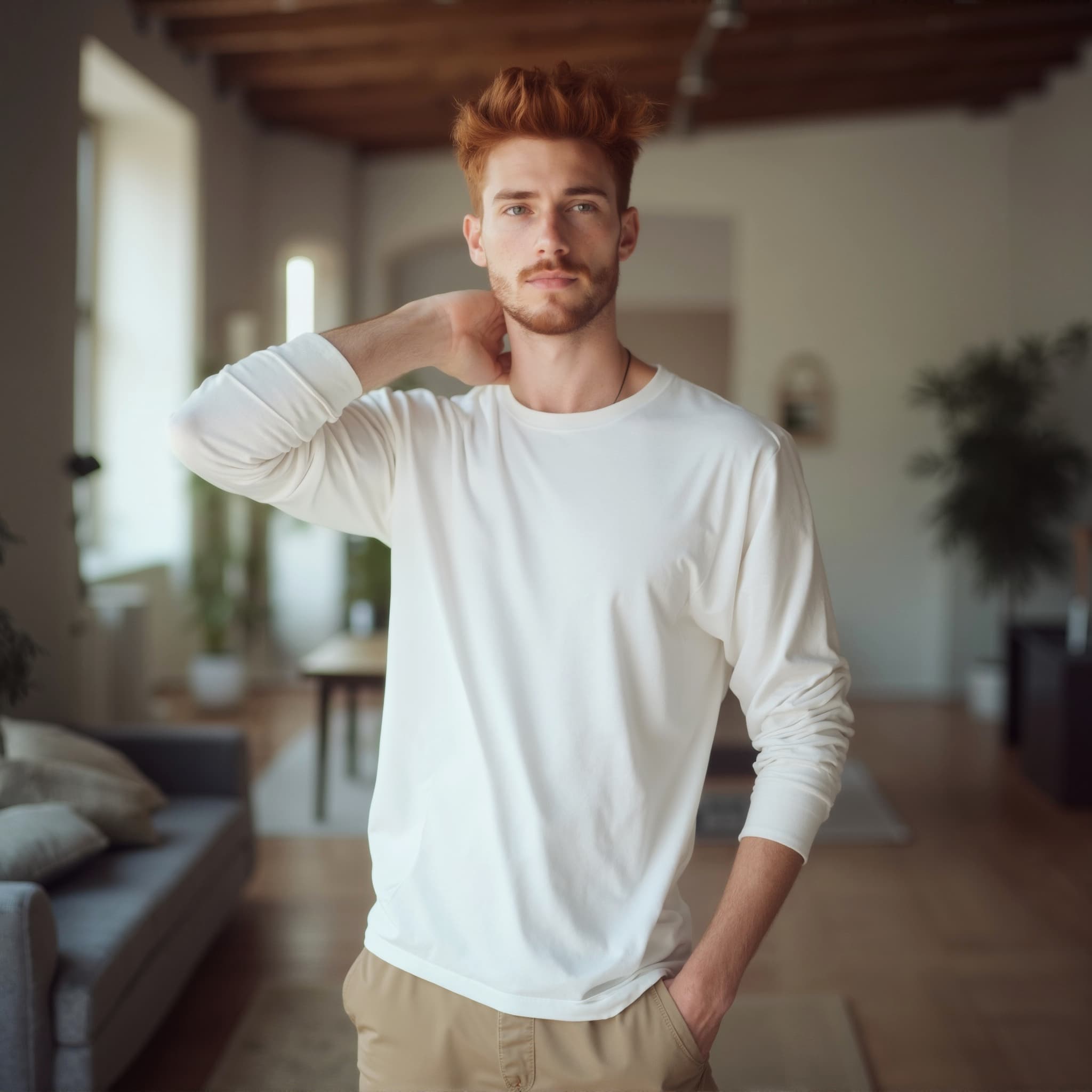 Long sleeve tee mockup a man touches his neck in a modern room