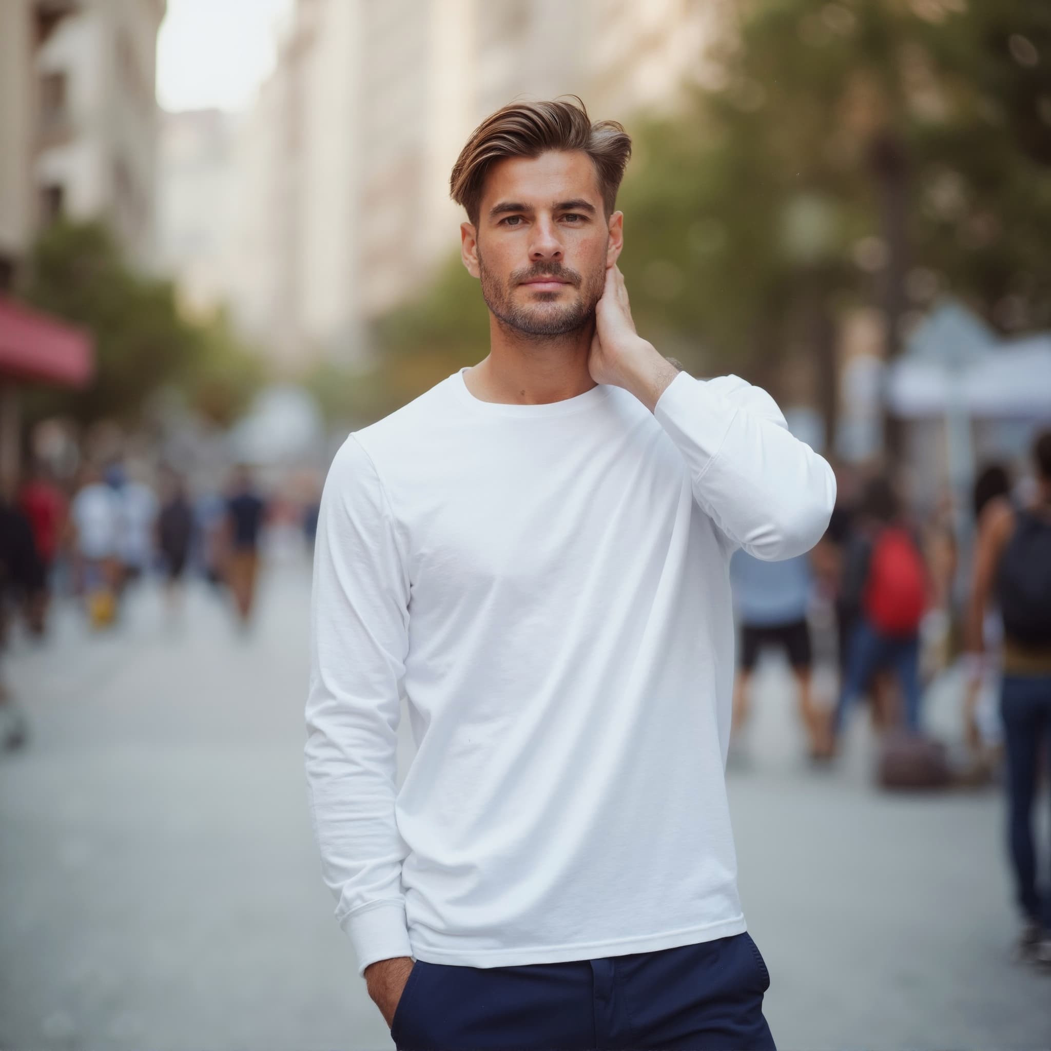 Long sleeve tee mockup a man touches his neck with one hand in a crowded street