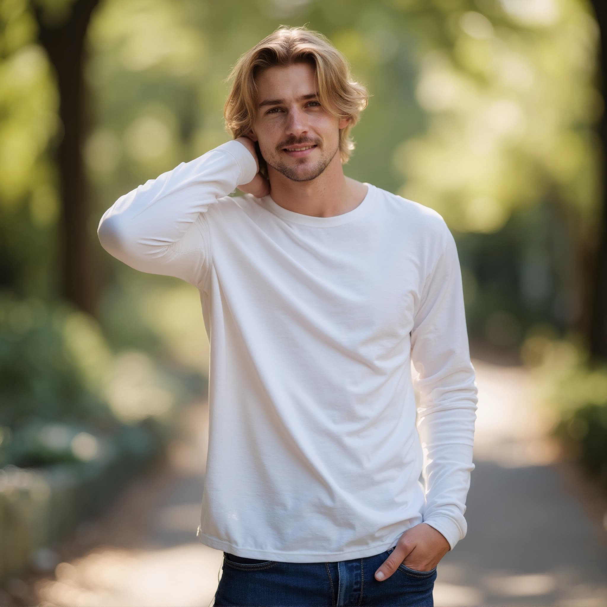 Long sleeve tee mockup a man touches his neck with one hand serene par