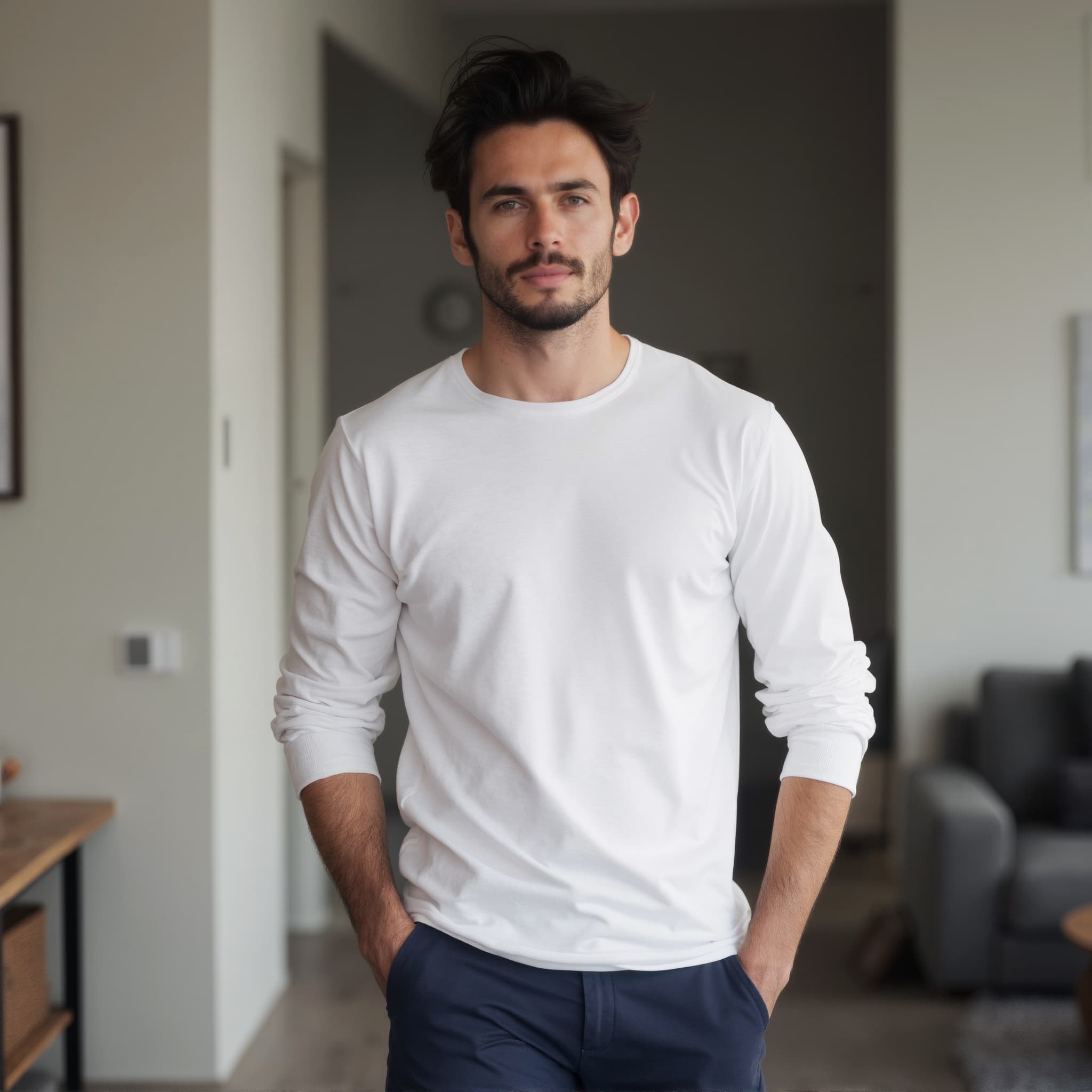 Long sleeve tee mockup a man walks with hands in pockets living room