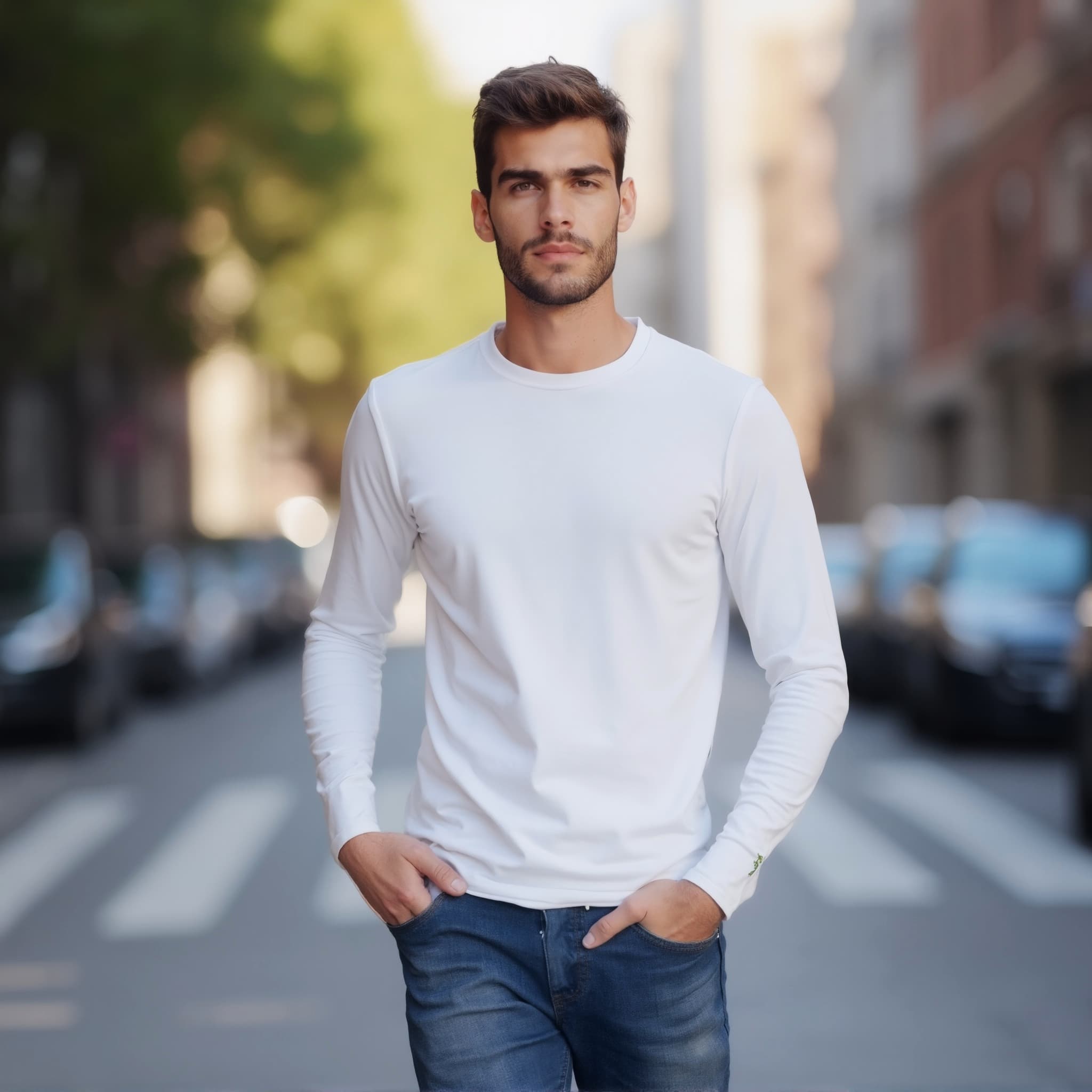 Long sleeve tee mockup a man walks with hands in pockets on a city street