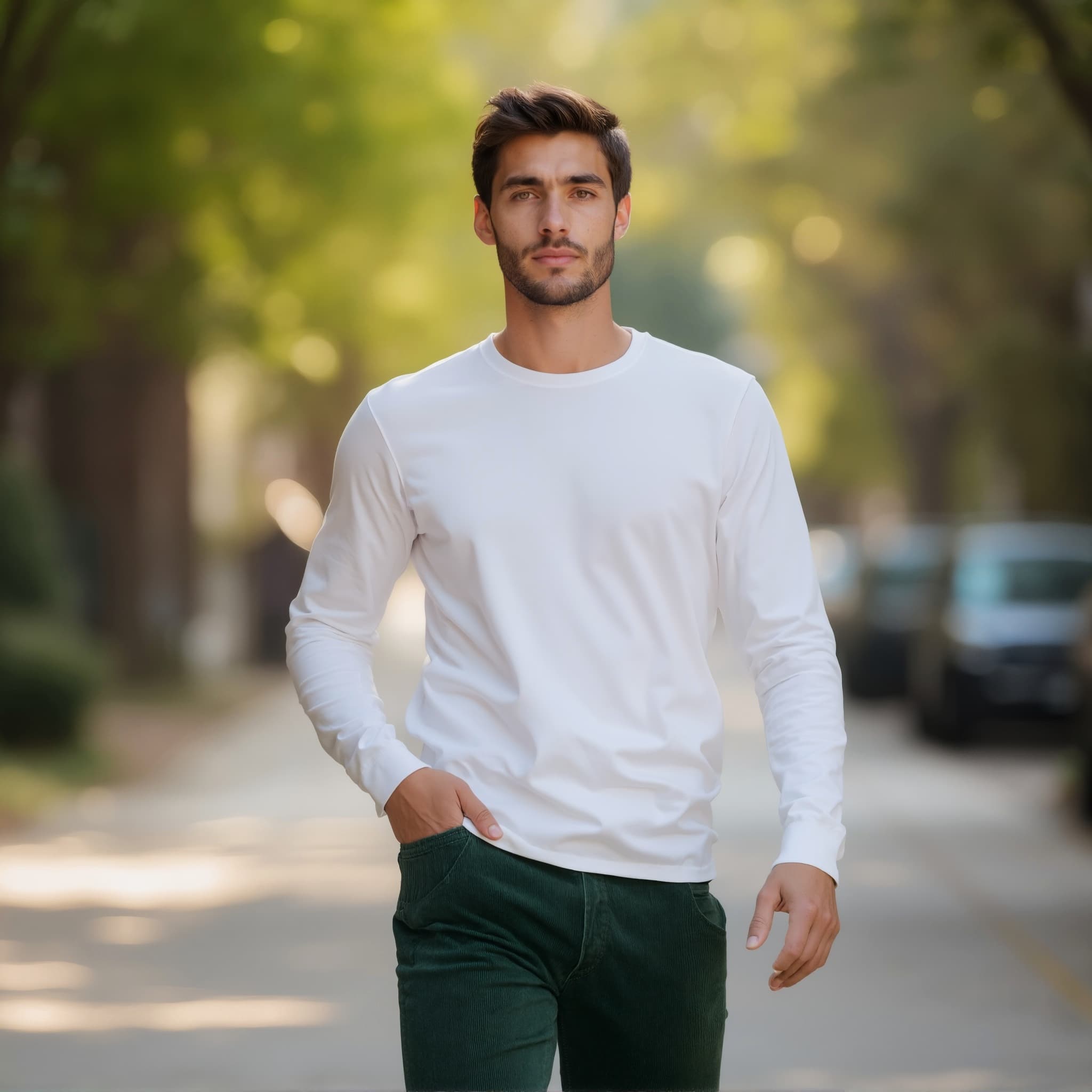Long sleeve tee mockup a man walks with one hand in pocket on a street