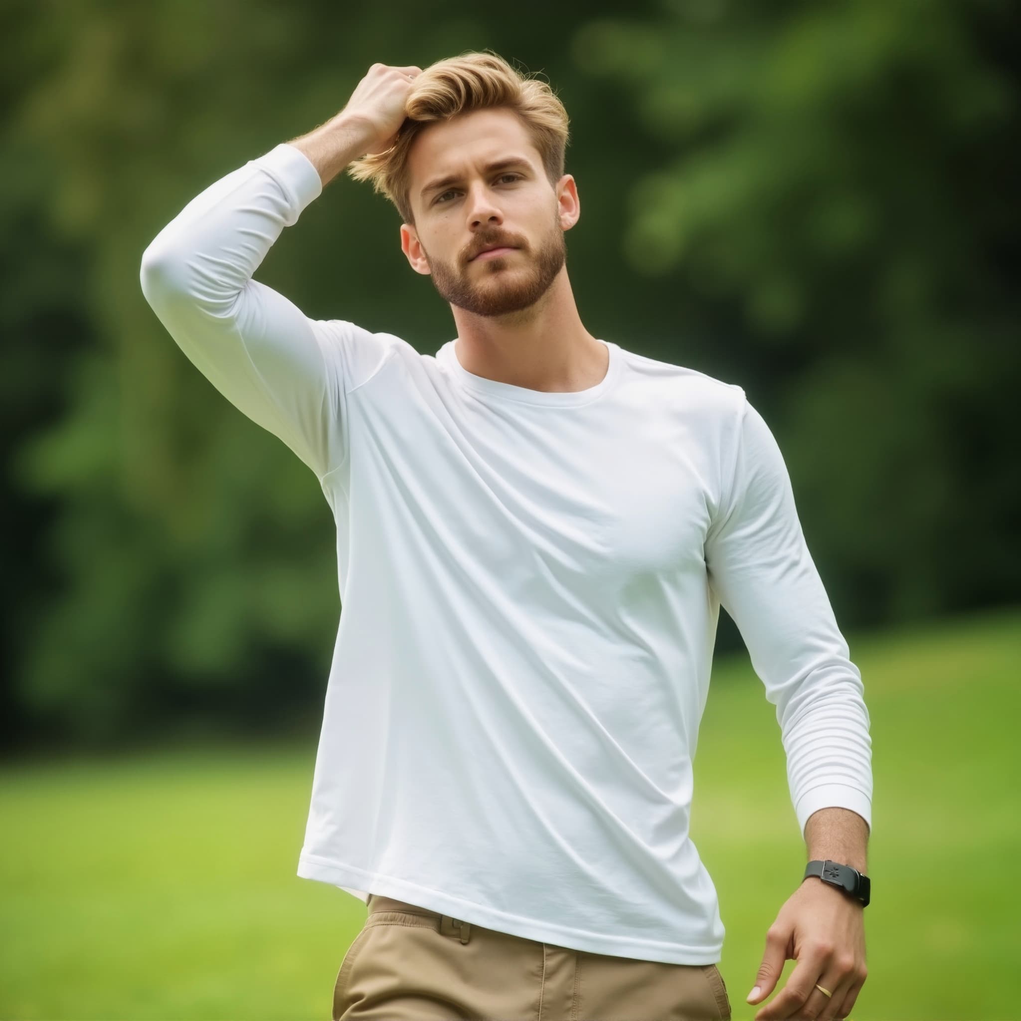 Long sleeve tee mockup a man runs his hand through his hair on a grassy field