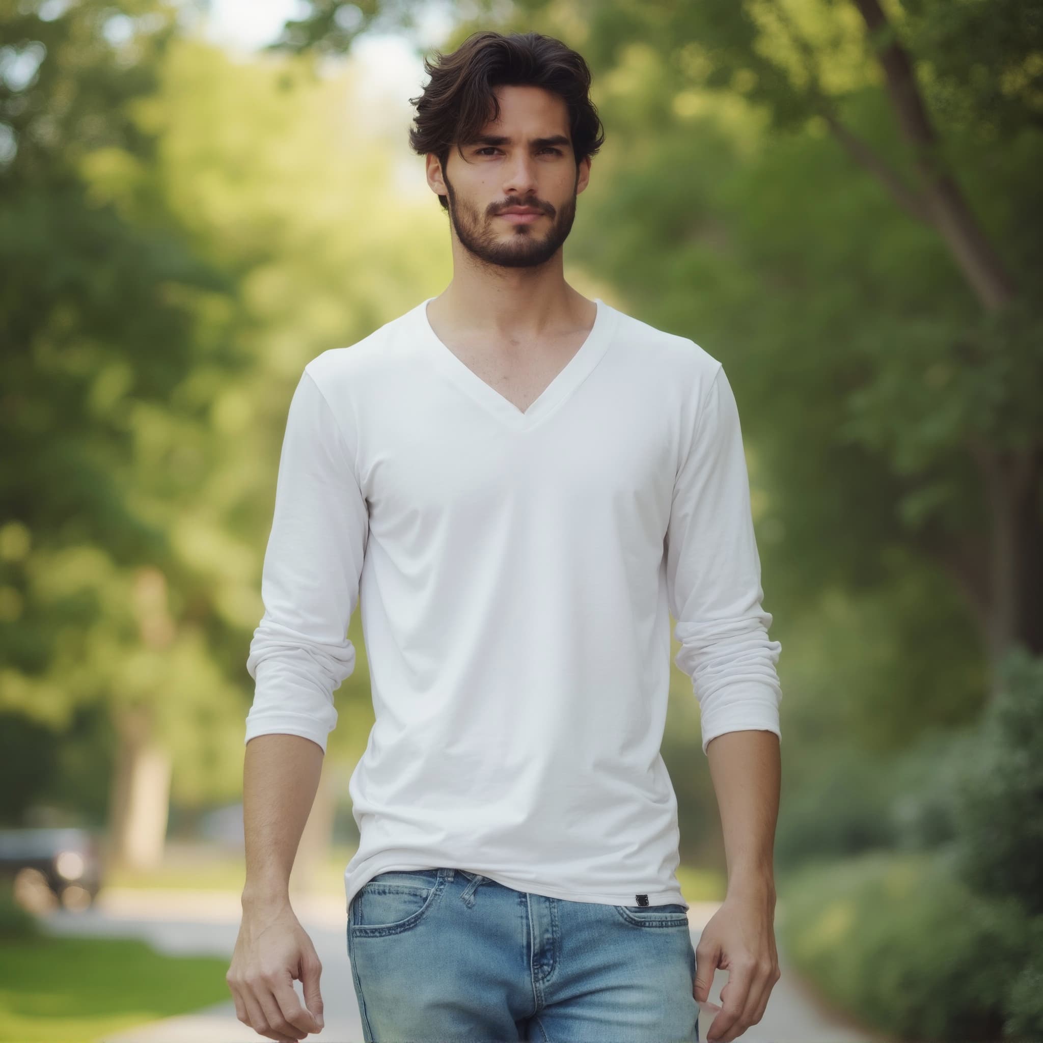 Long sleeve tee mockup a man walks with short hair in a park 01