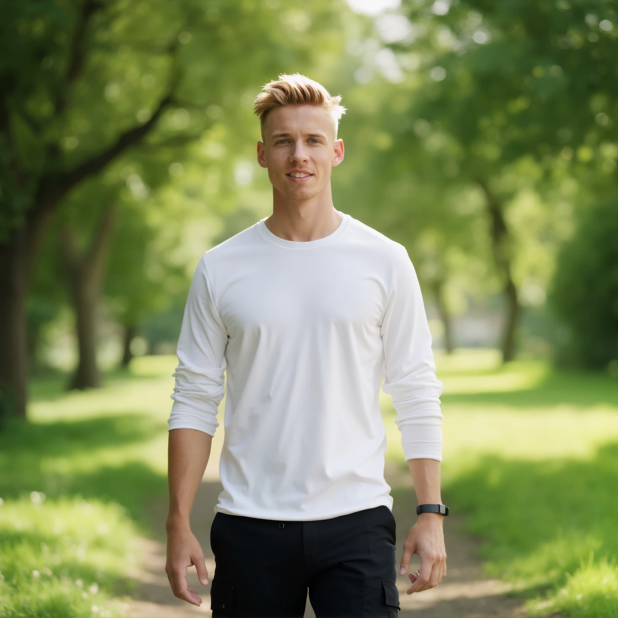 Long sleeve tee mockup a man walks with short hair in a park