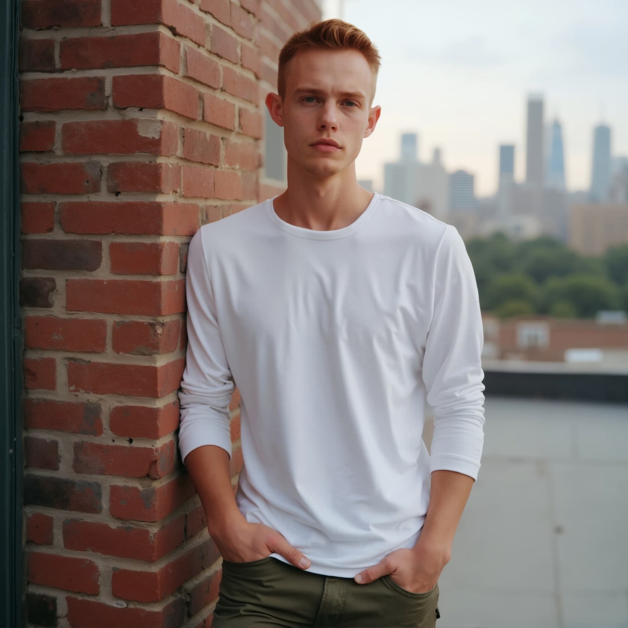 Long sleeve tee mockup a young man leans against a wall in an urban setting