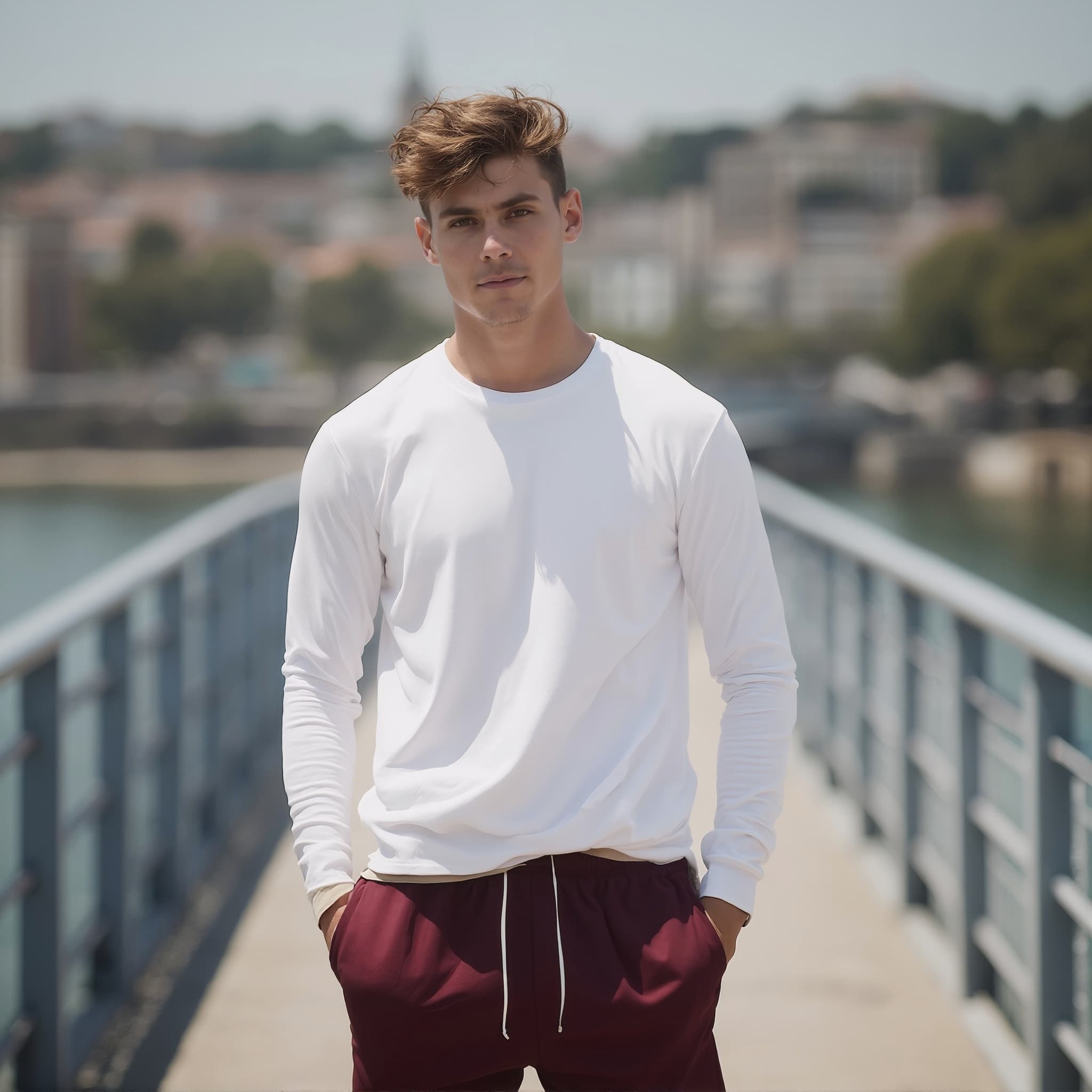 Long sleeve tee mockup a young man stands with hands in pockets by water