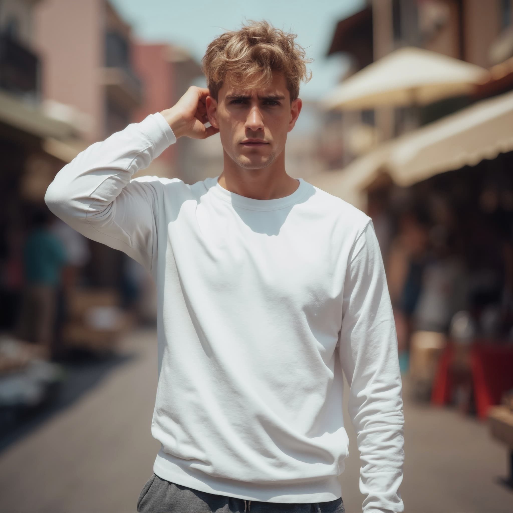 Long sleeve tee mockup a man scratches his head in a market