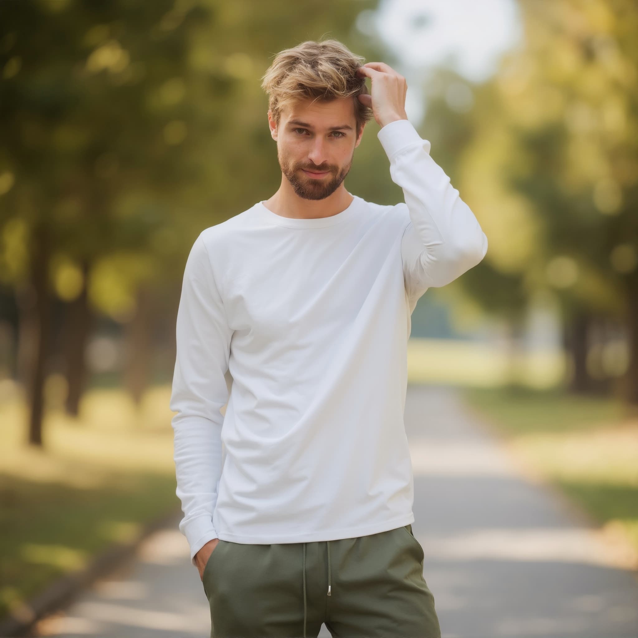 Long sleeve tee mockup a man scratches his head in a park