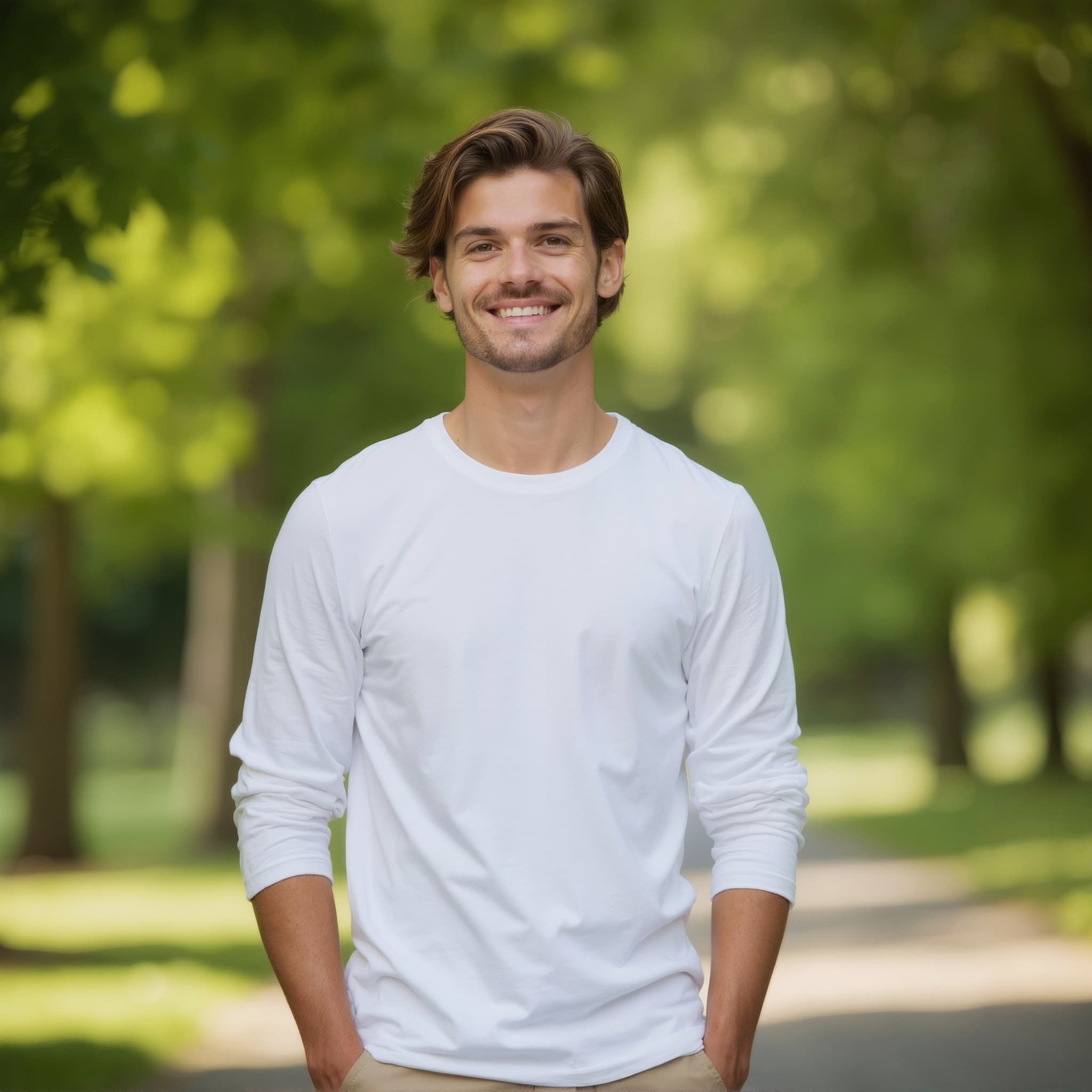 Long sleeve tee mockup a man smiles hands in pockets sunny par