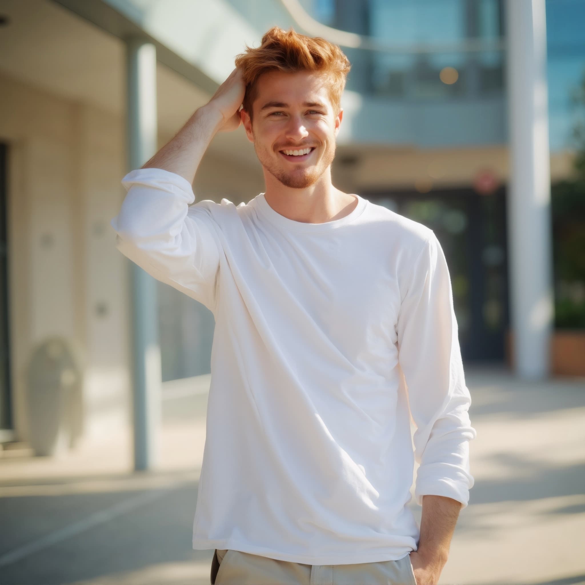 Long sleeve tee mockup a man smiles while touching his hair outside