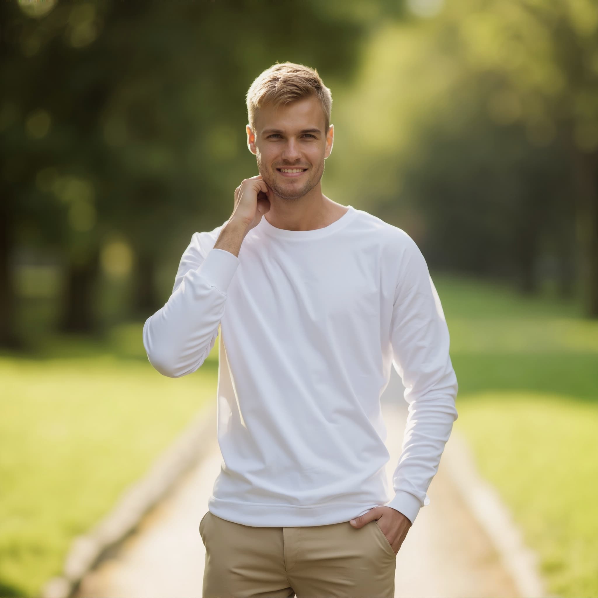 Long sleeve tee mockup a man smiles while touching his neck in a park