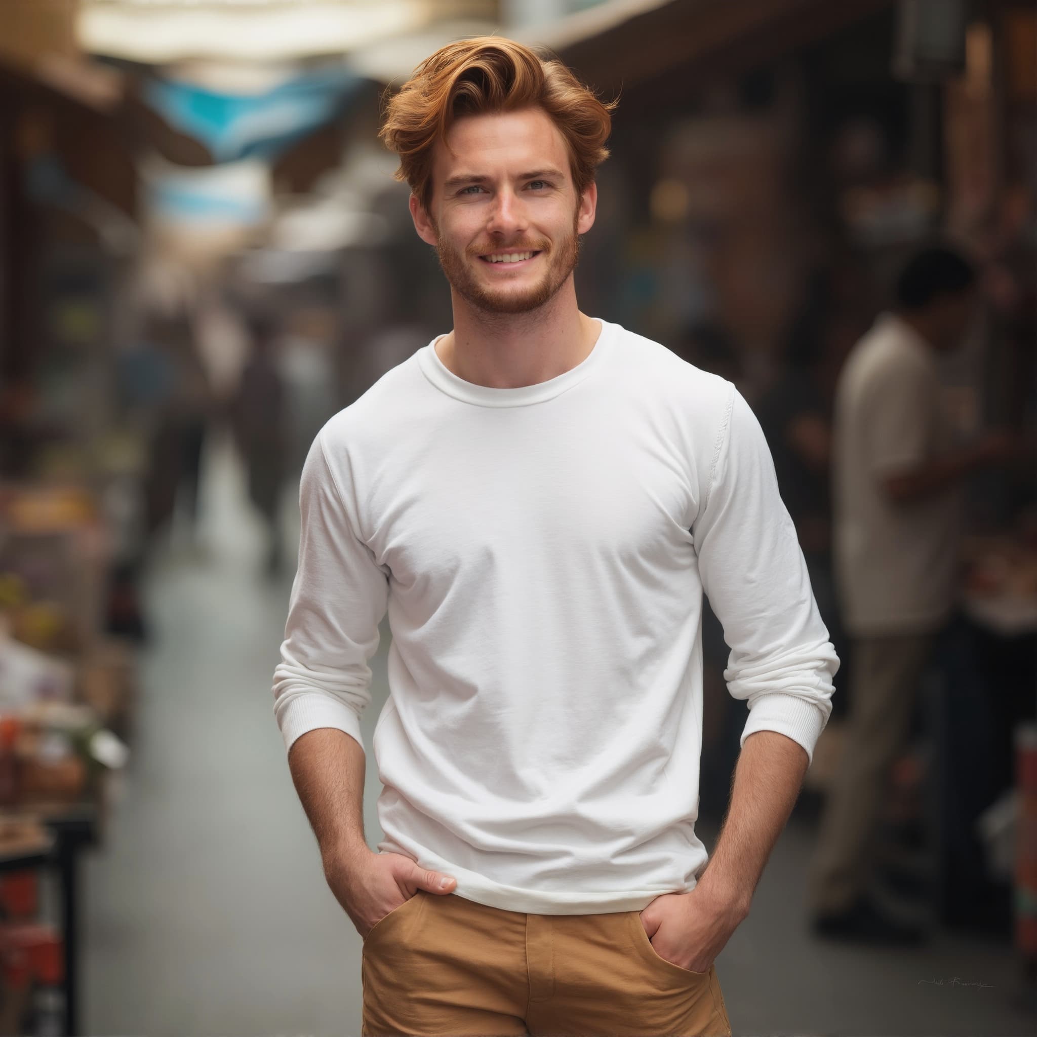 Long sleeve tee mockup a man smiles with hands in pockets in a market
