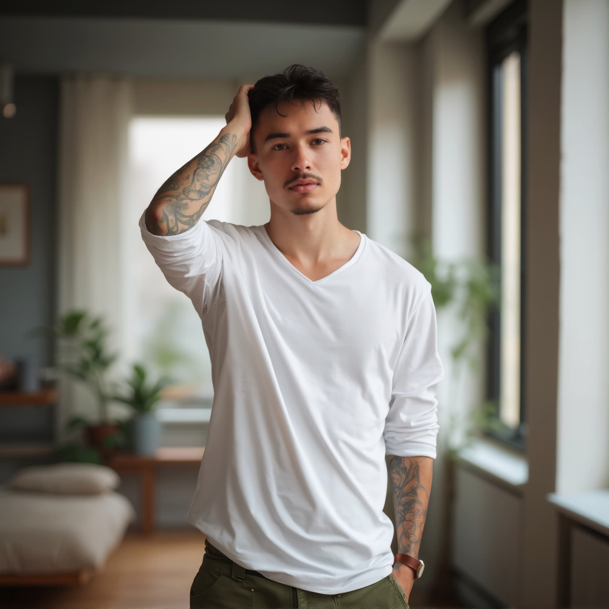 Long sleeve tee mockup a man holds his head in thought indoor
