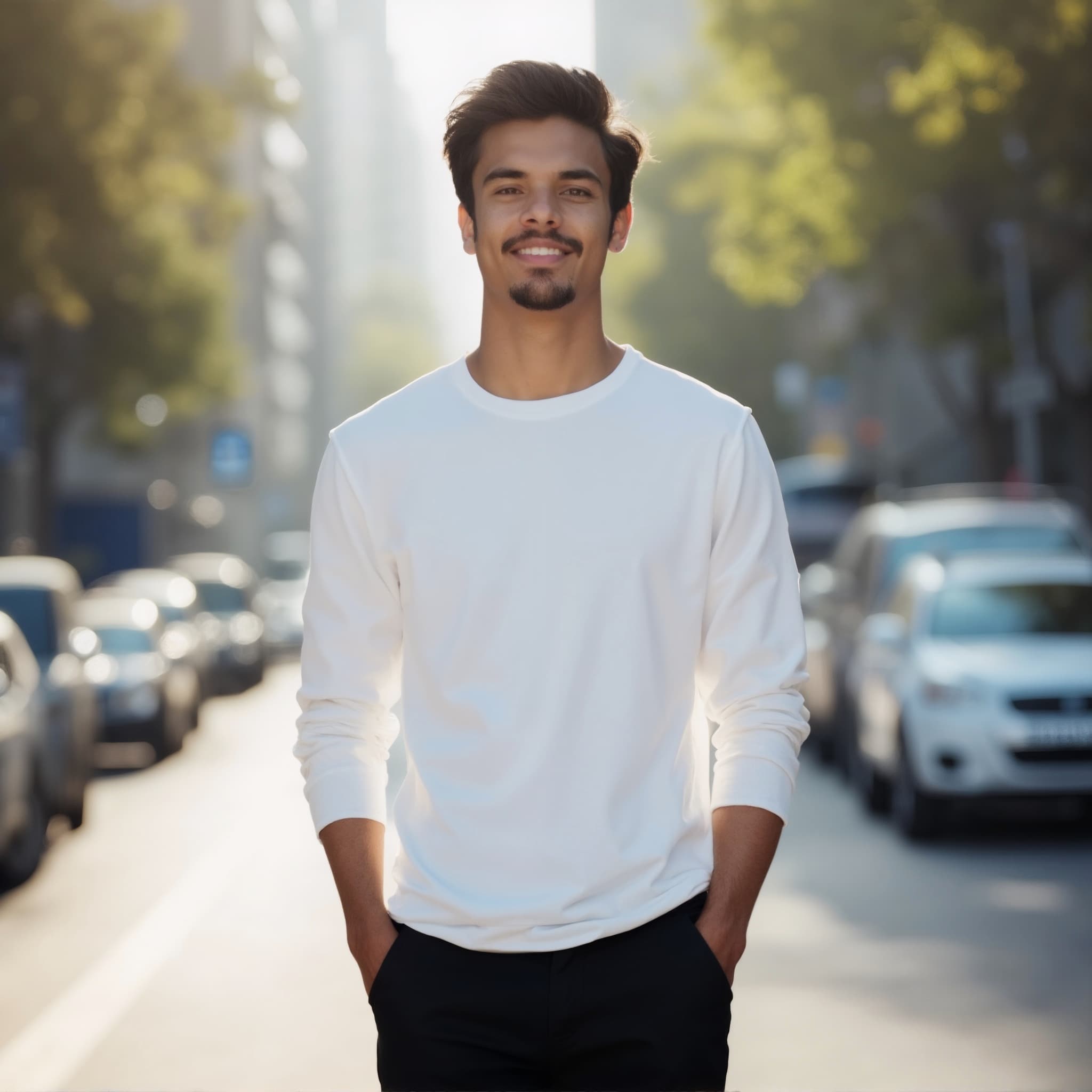 Long sleeve tee mockup a man smiles with hands in pockets on a city street