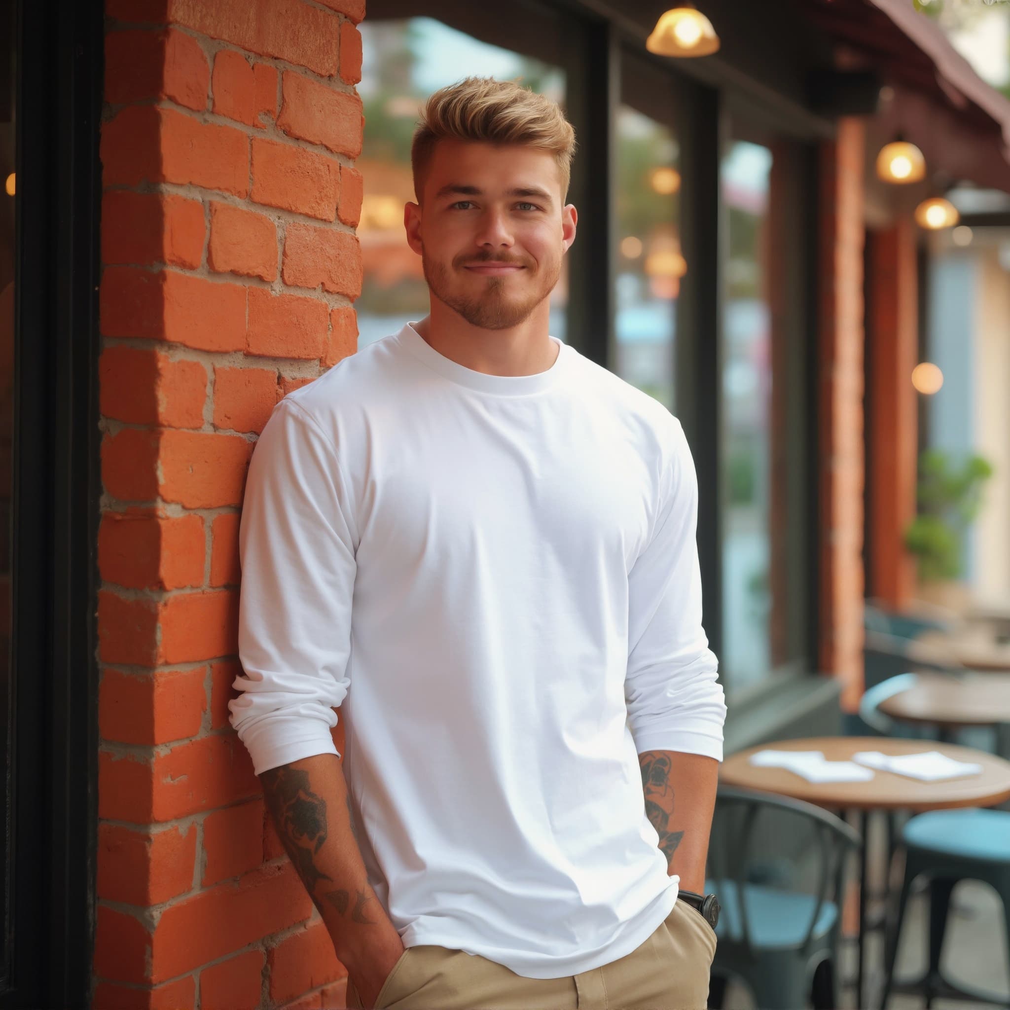 Long sleeve tee mockup a man smiles with short hair at a cafe