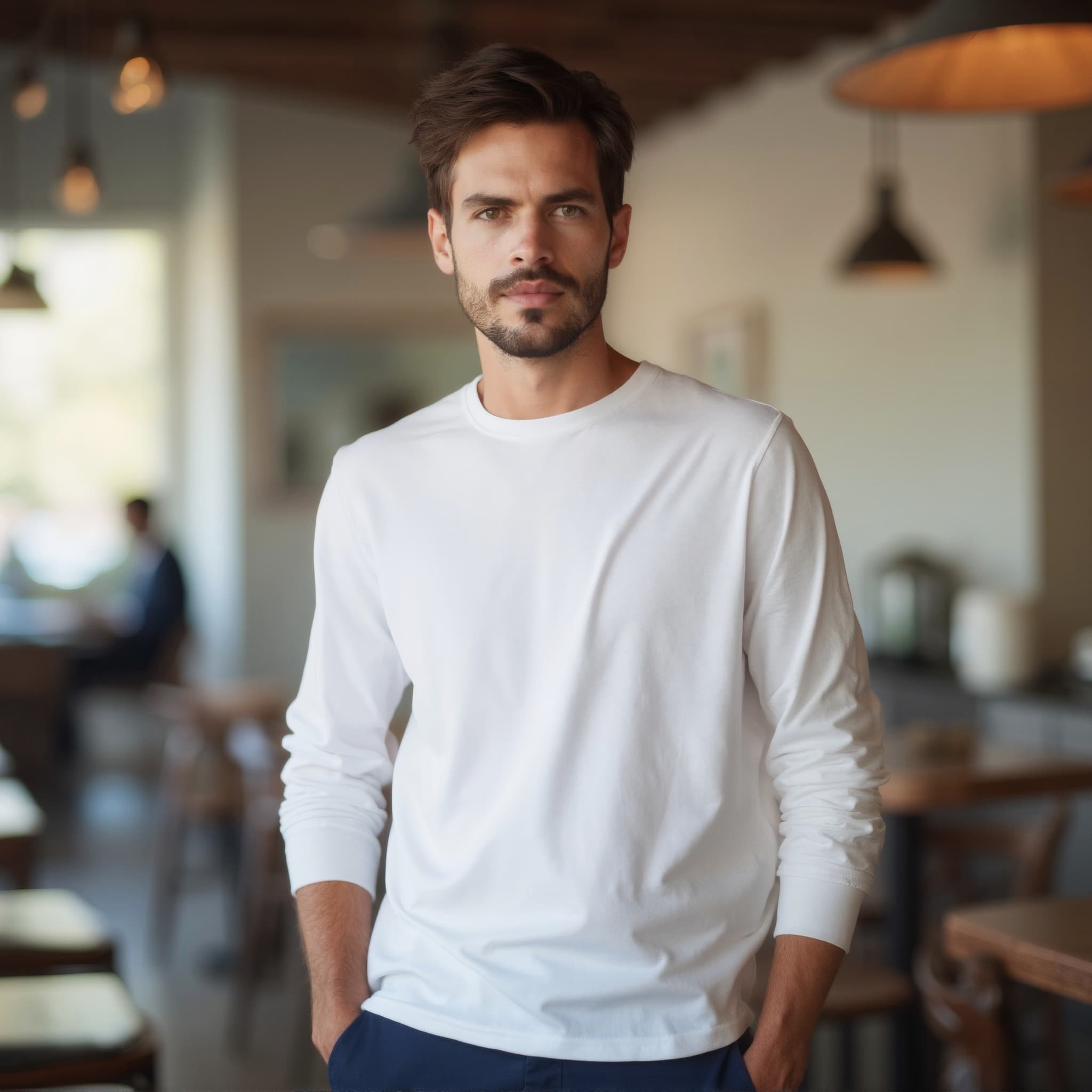 Long sleeve tee mockup a man stands confidently in a café