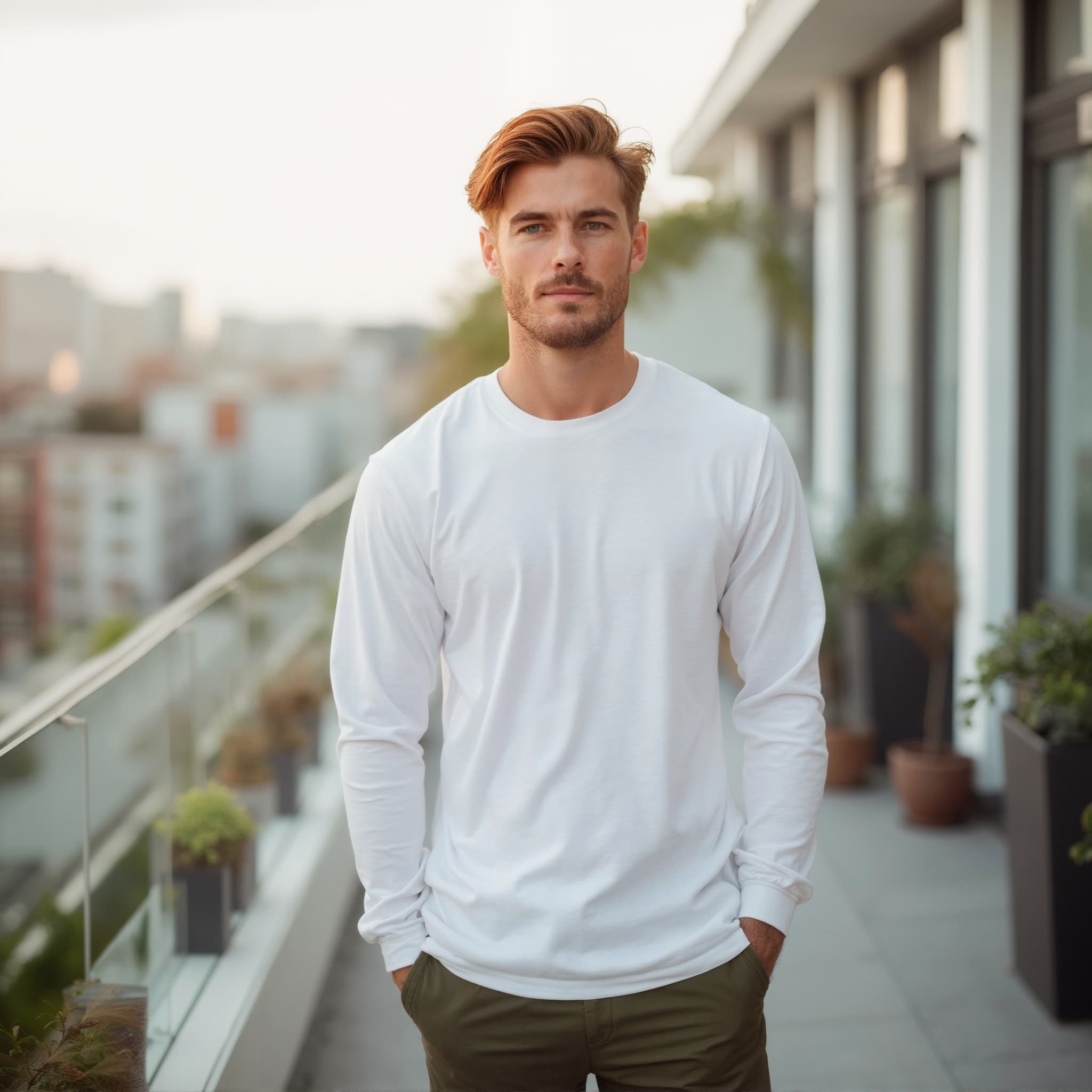 Long sleeve tee mockup a man stands still with hands in pockets on a balcony